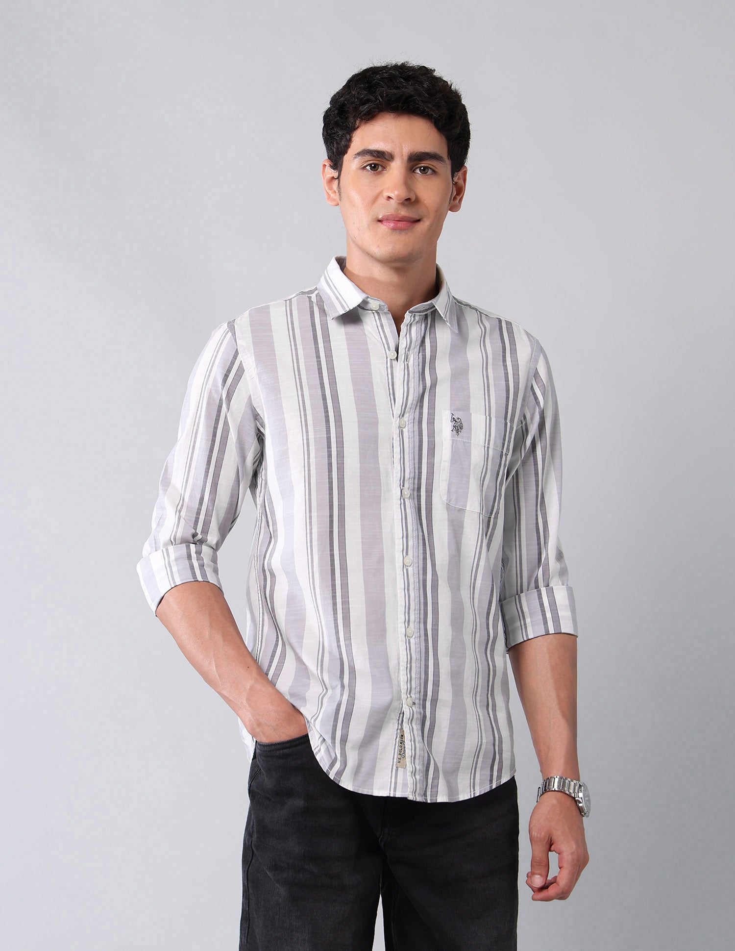 Vertical Striped Pure Cotton Shirt Grey - U.S. Polo Assn. India | Large