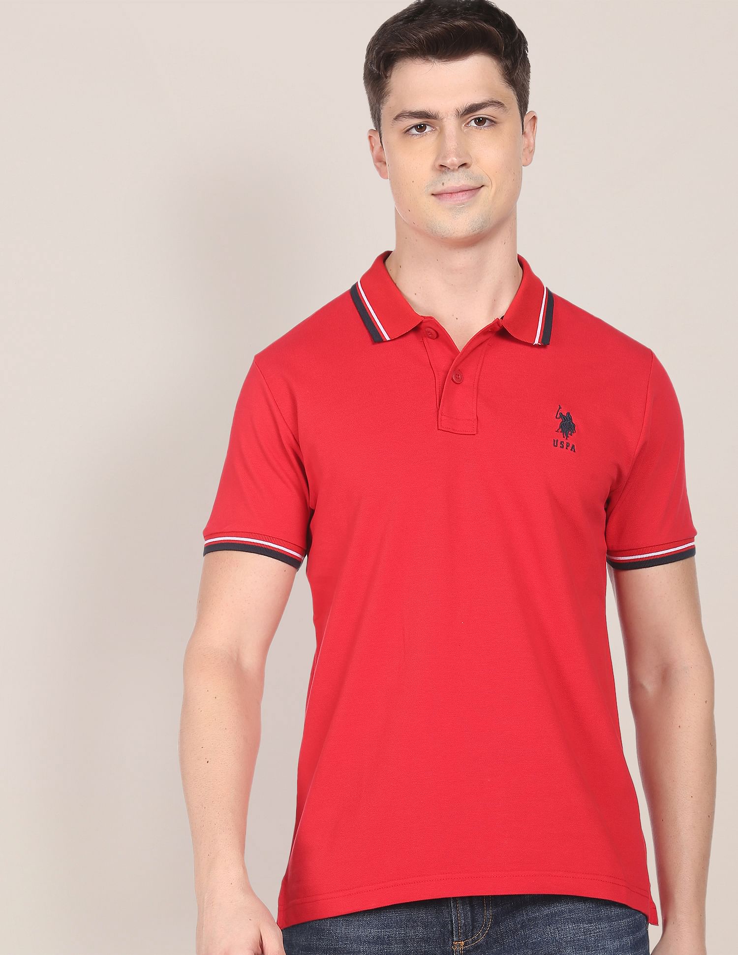 Striped Collar Cotton Polo Shirt Red - U.S. POLO ASSN. | Large