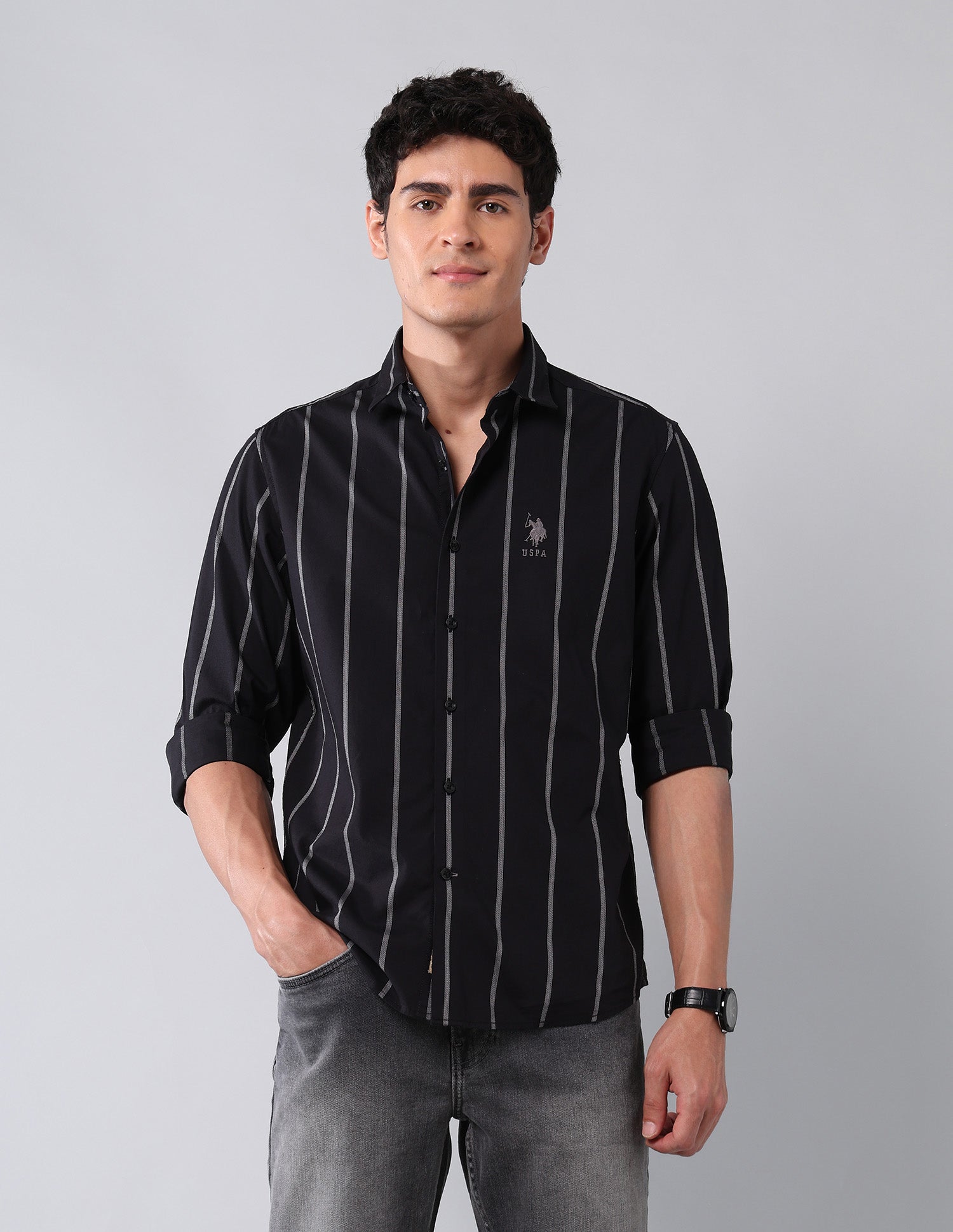 Vertical Striped Dobby Shirt Black - U.S. Polo Assn. India | Large