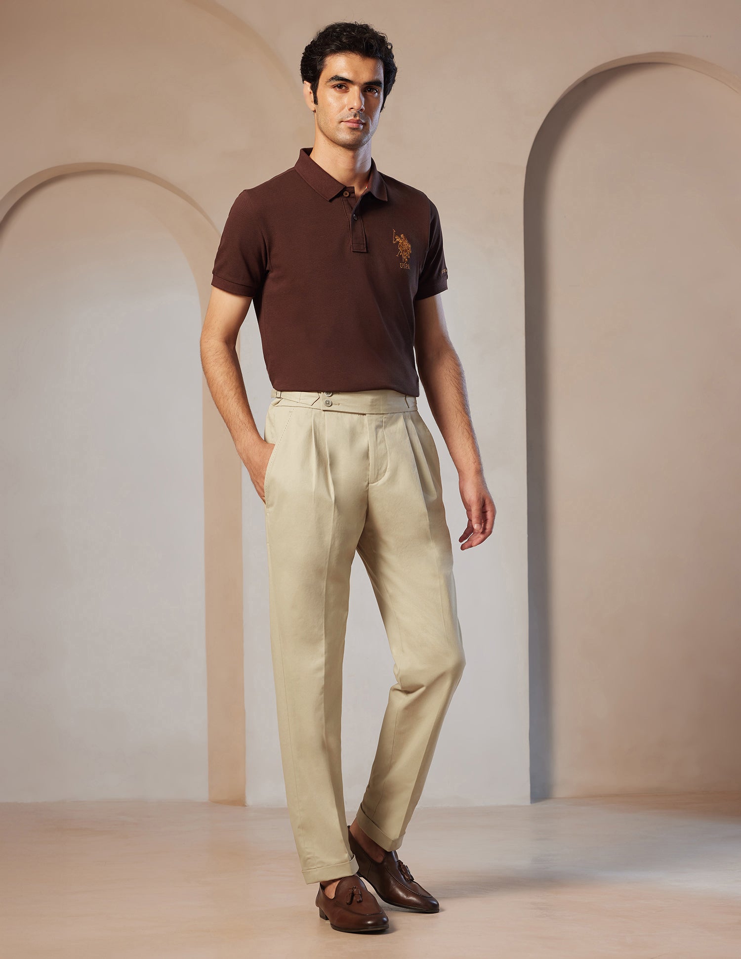Pacho X Denver Slim Pleated Trousers Beige - U.S. POLO ASSN. | Large