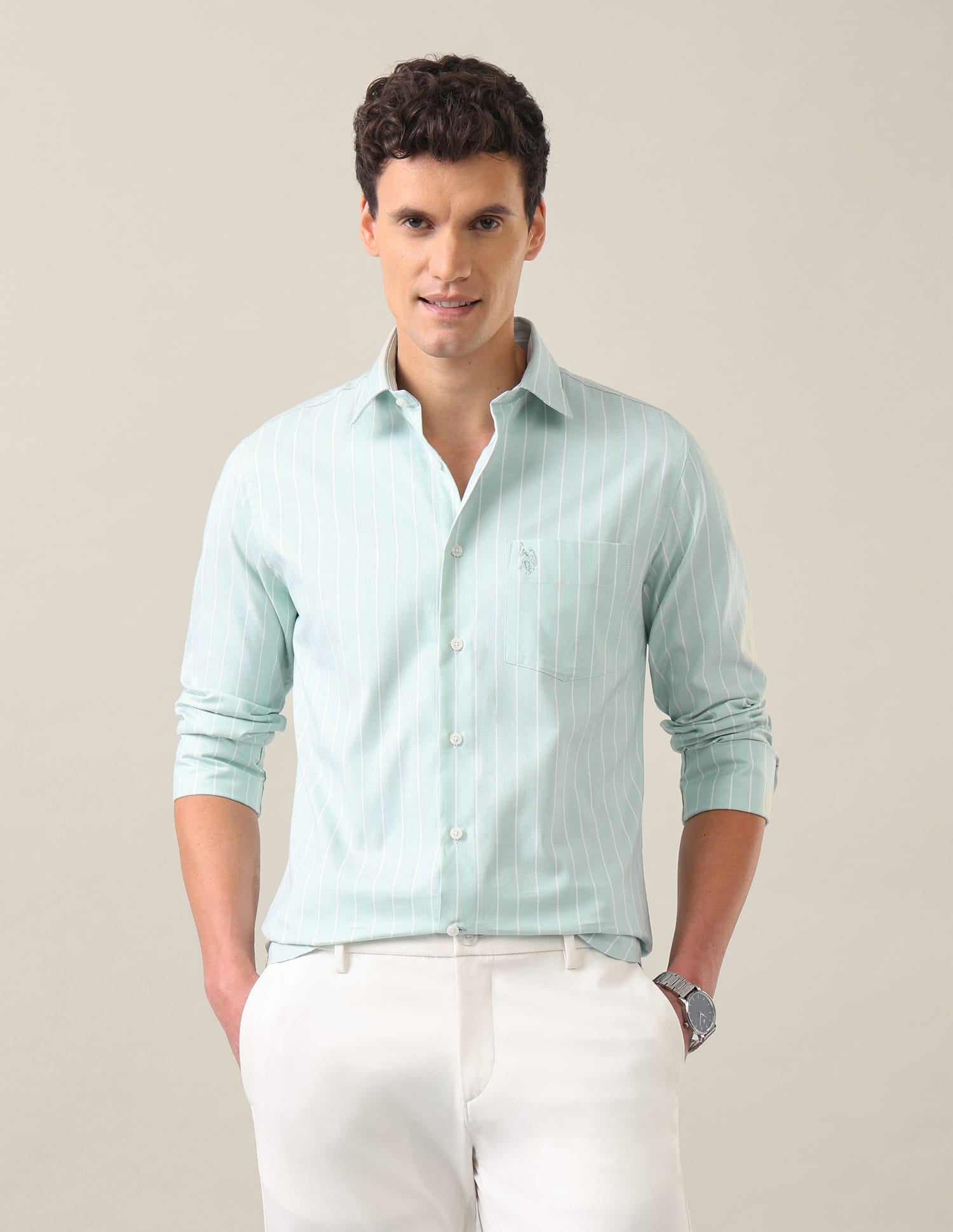 Vertical Striped Tailored Fit Shirt Light Green - U.S. Polo Assn. India | Large
