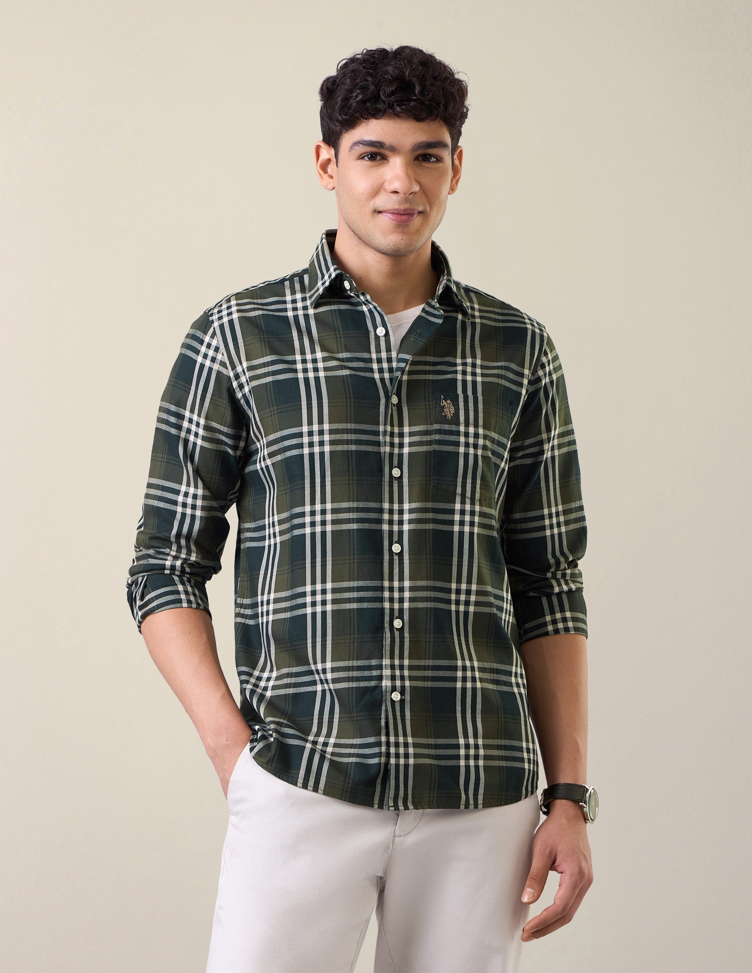 Plaid Checked Twill Shirt Dark Olive - U.S. Polo Assn. India | Large