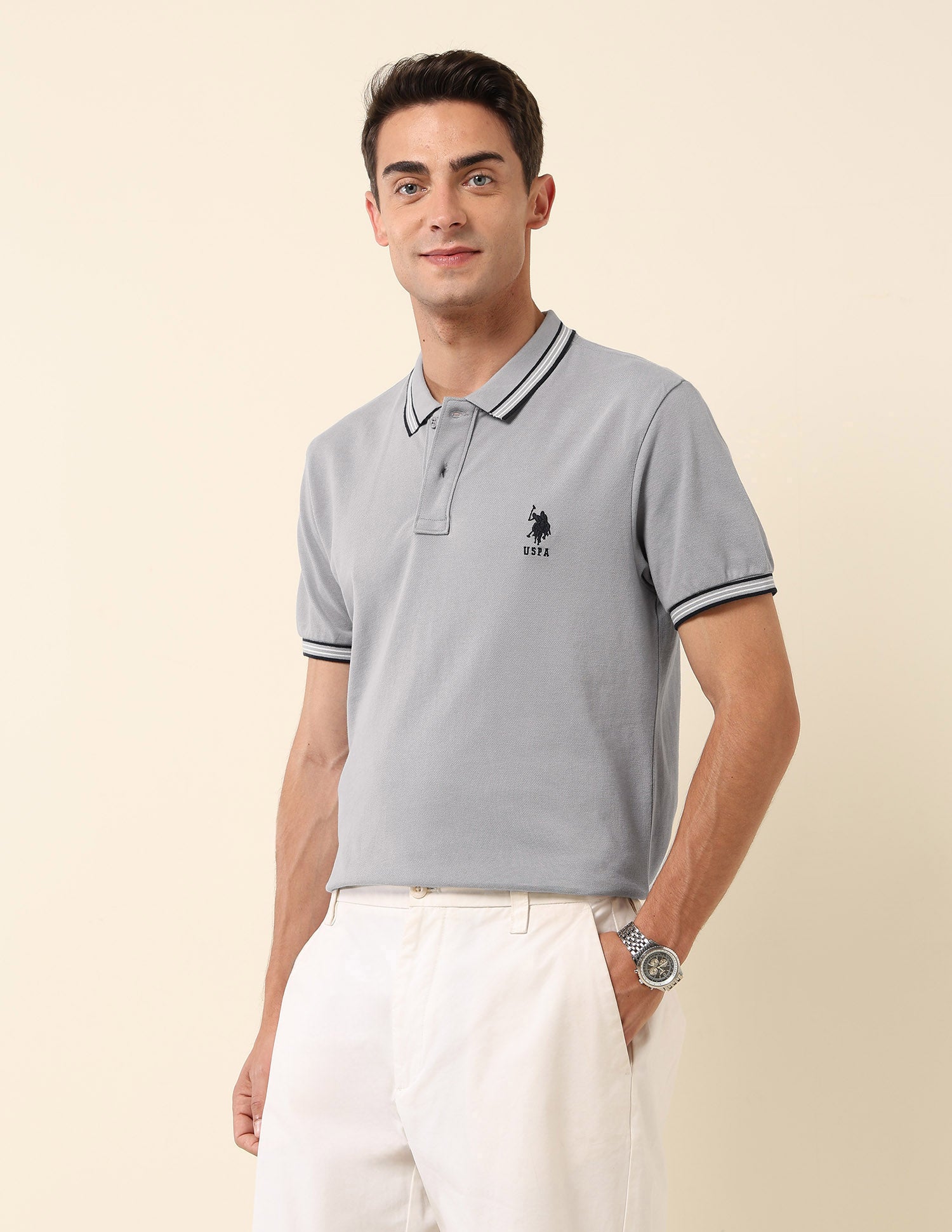 Slim Fit Solid Polo Shirt Light Grey - U.S. Polo Assn. India | Large