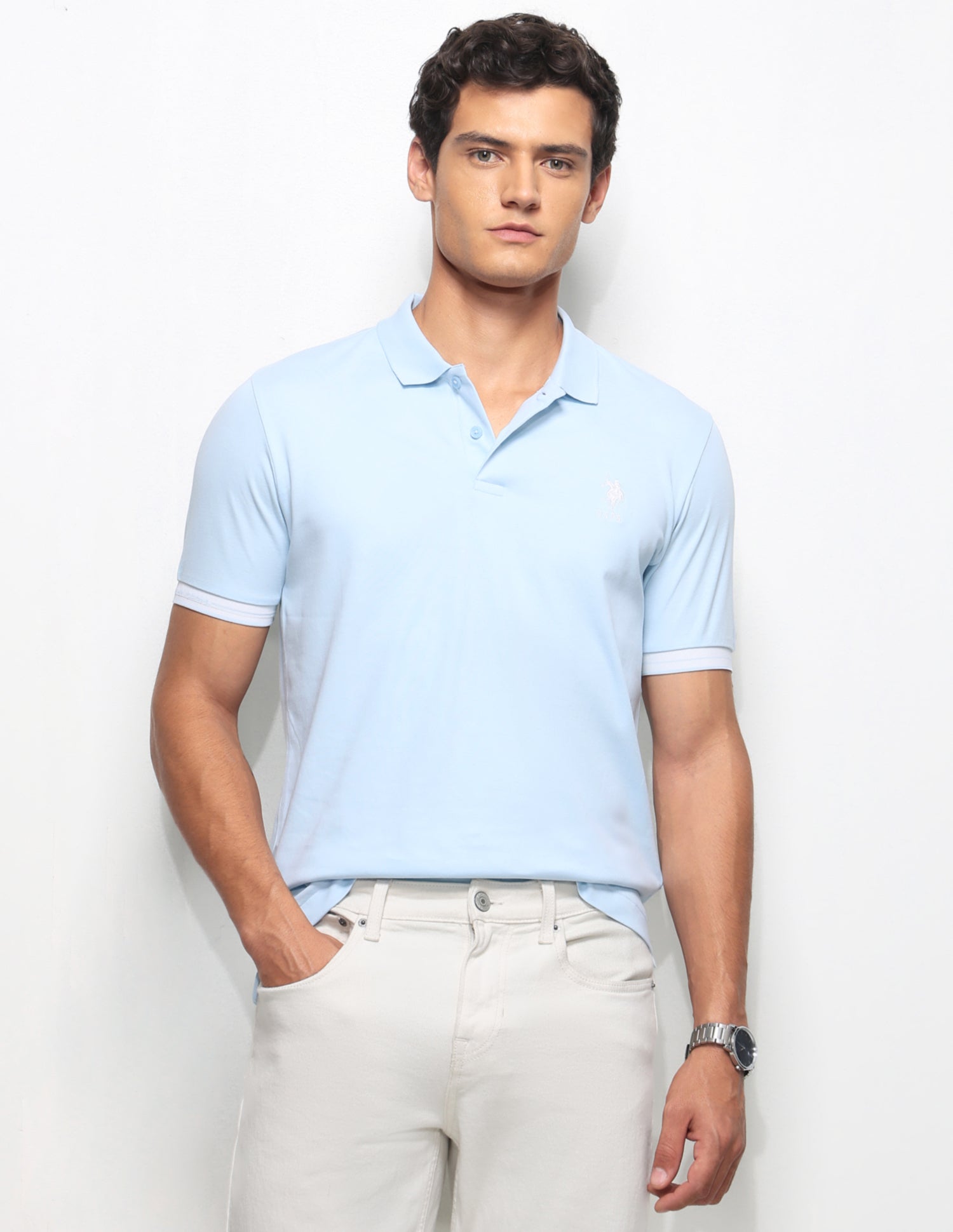 Solid Slim Fit Polo Shirt Light Blue - U.S. Polo Assn. India | Large