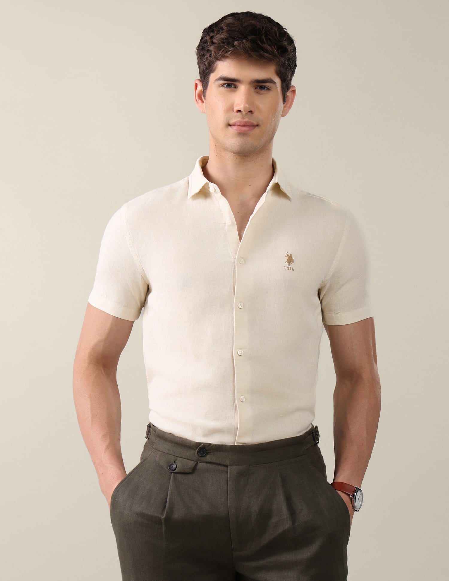 Solid Regular Fit Shirt Beige - U.S. Polo Assn. India | Large