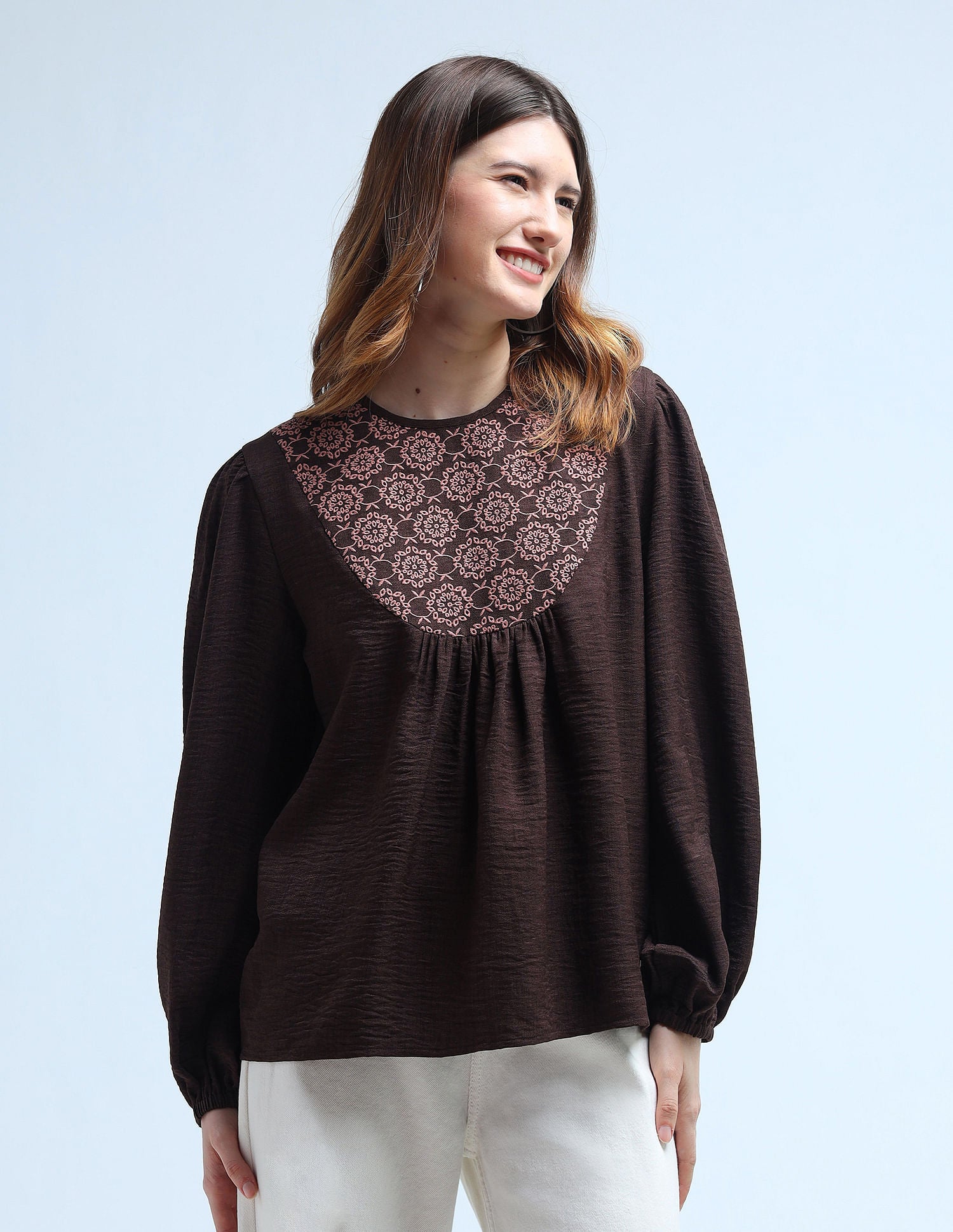 Loose Fit Yoke Embroidered Top