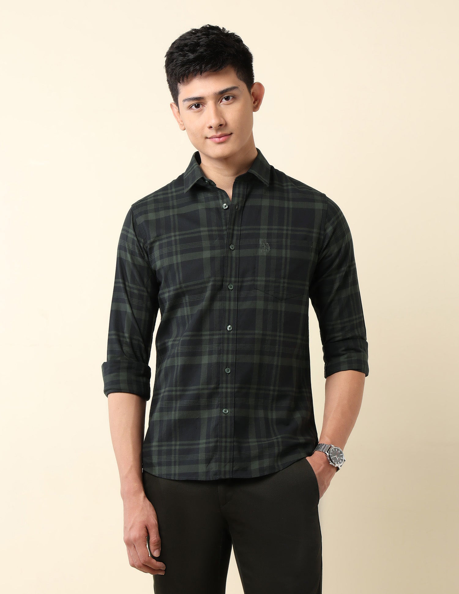 Pure Cotton Tailored Fit Shirt Dark Green - U.S. Polo Assn. India | Large
