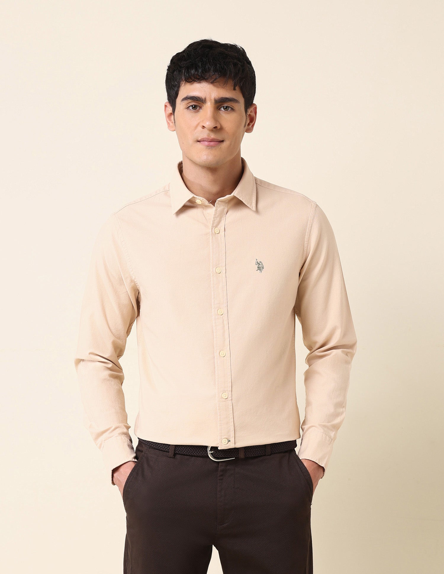 Pure Cotton Tailored Fit Shirt Beige - U.S. Polo Assn. India | Large