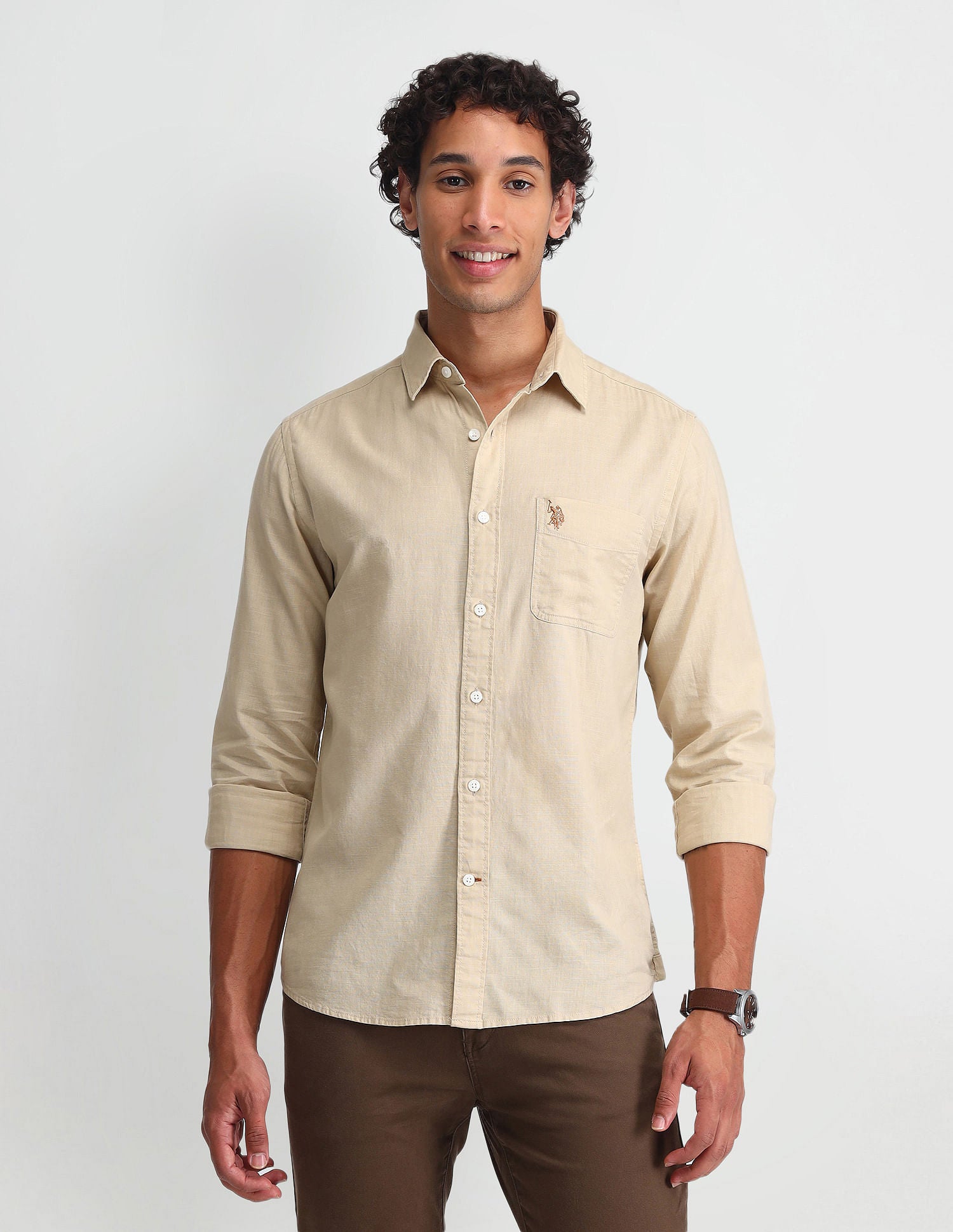 Slim Fit Solid Twill Shirt Khaki - U.S. Polo Assn. India | Large