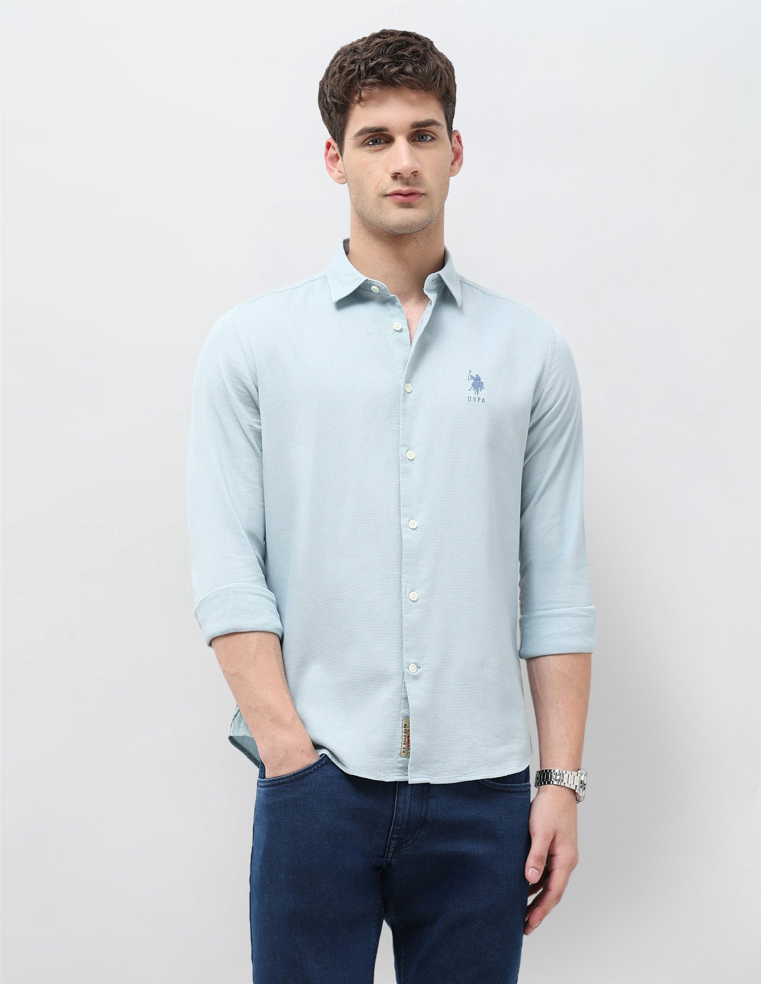 Textured Dobby Regular Fit Shirt Light Blue - U.S. Polo Assn. India | Large