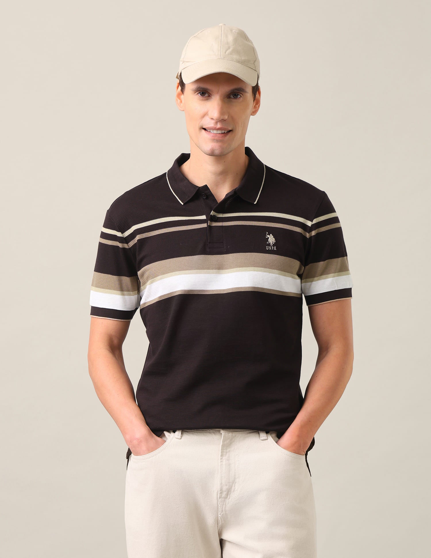 Horizontal Striped Jacquard Slim Fit Polo Shirt Dark Brown - U.S. Polo Assn. India | Large