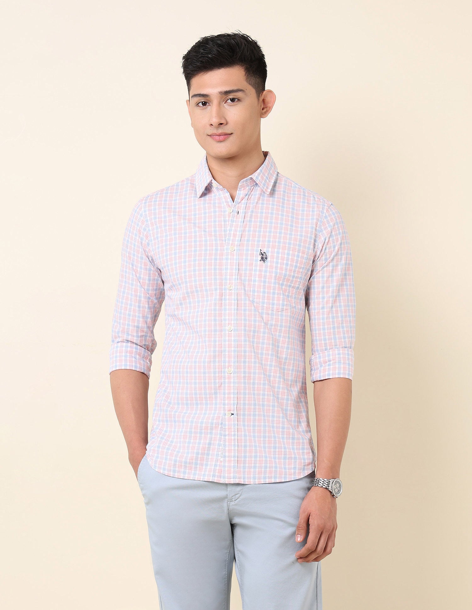 Pure Cotton Grid Tattersall Checked Shirt Light Pink - U.S. Polo Assn. India | Large