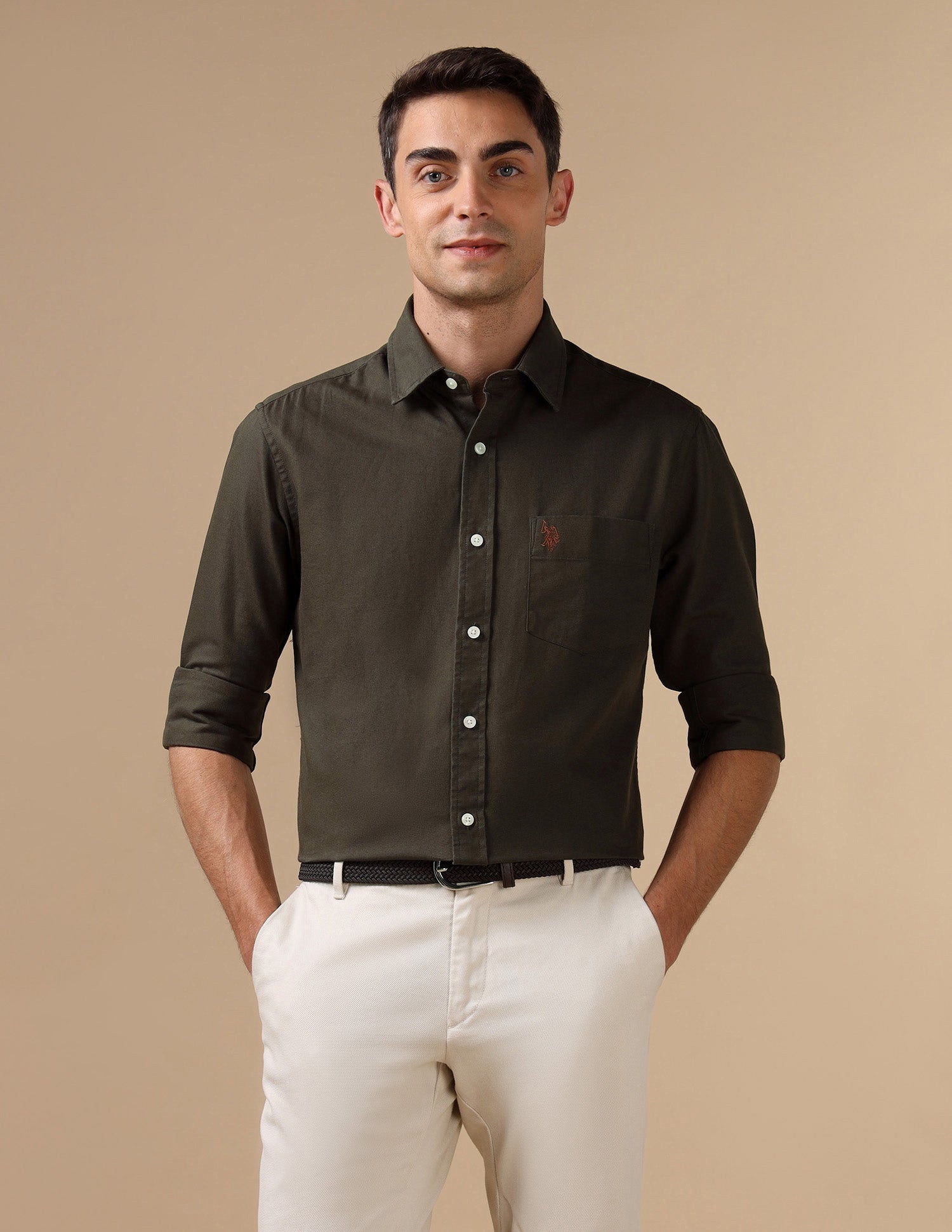 Tailored Fit Pure Cotton Shirt Light Olive - U.S. Polo Assn. India | Large