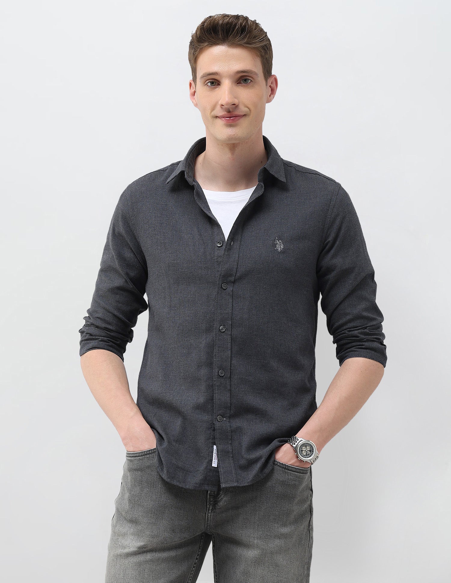 Heathered Tailored Fit Shirt Dark Grey - U.S. Polo Assn. India | Large