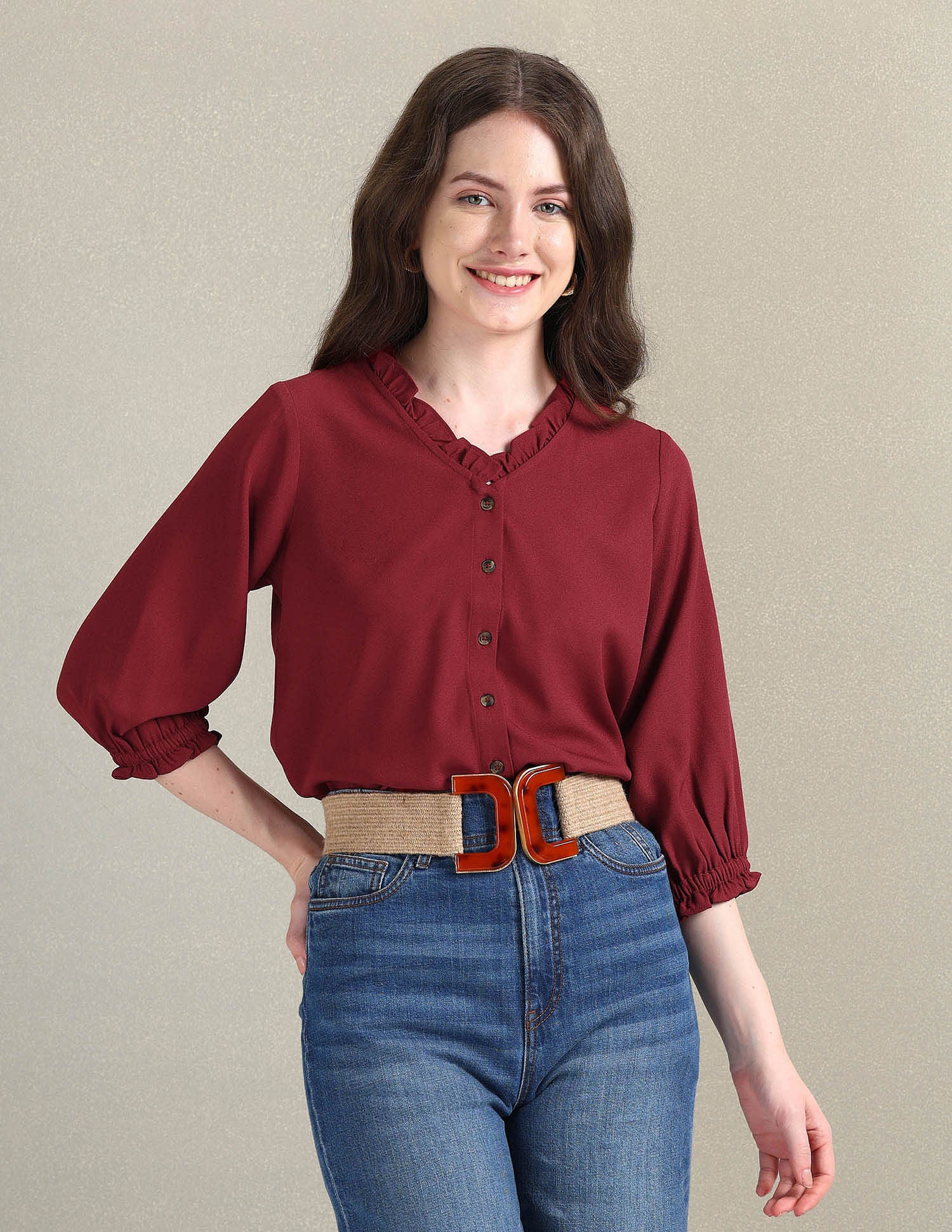 Ruffled V-Neck Solid Top Red - U.S. Polo Assn. India | Large