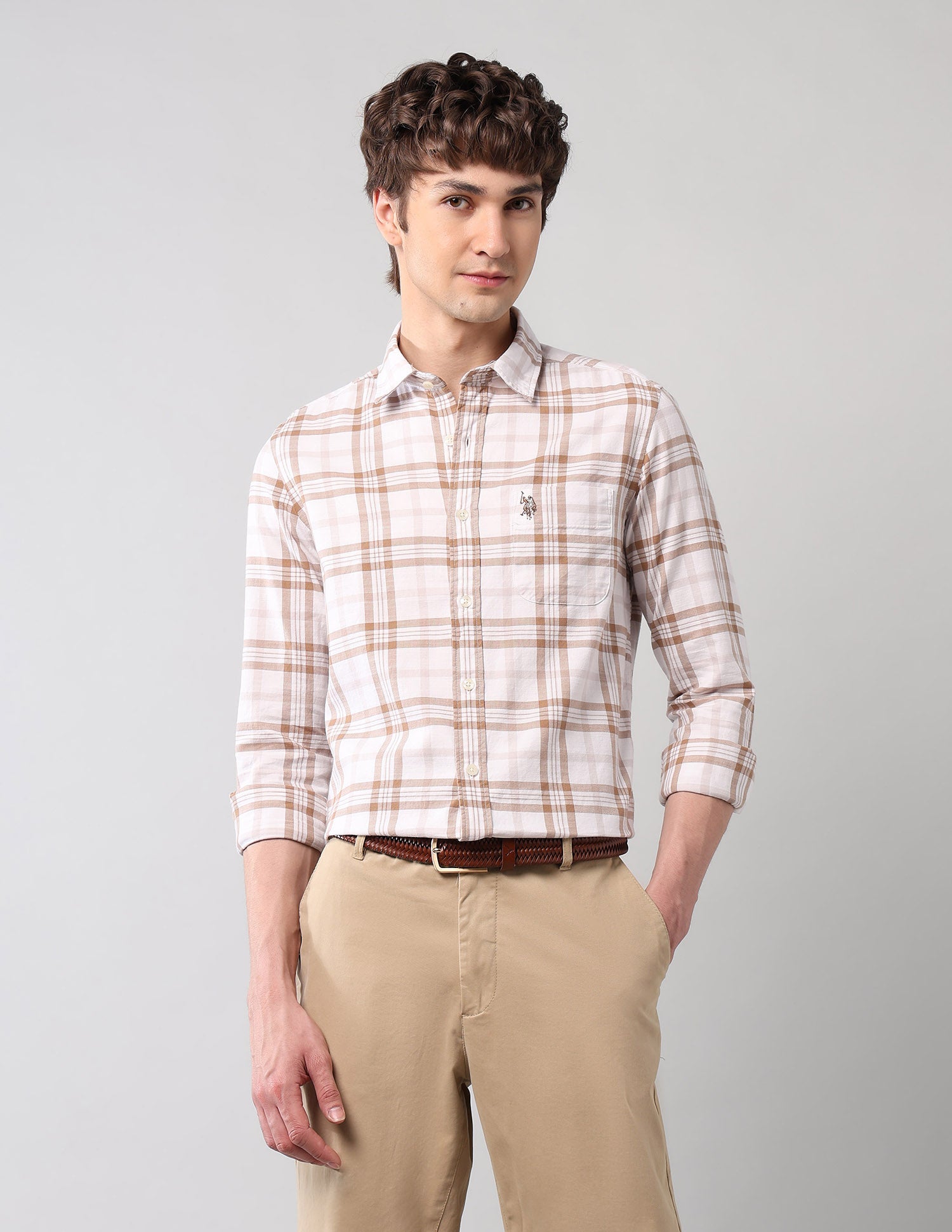 Plaid Checked Pure Cotton Shirt Khaki - U.S. Polo Assn. India | Large