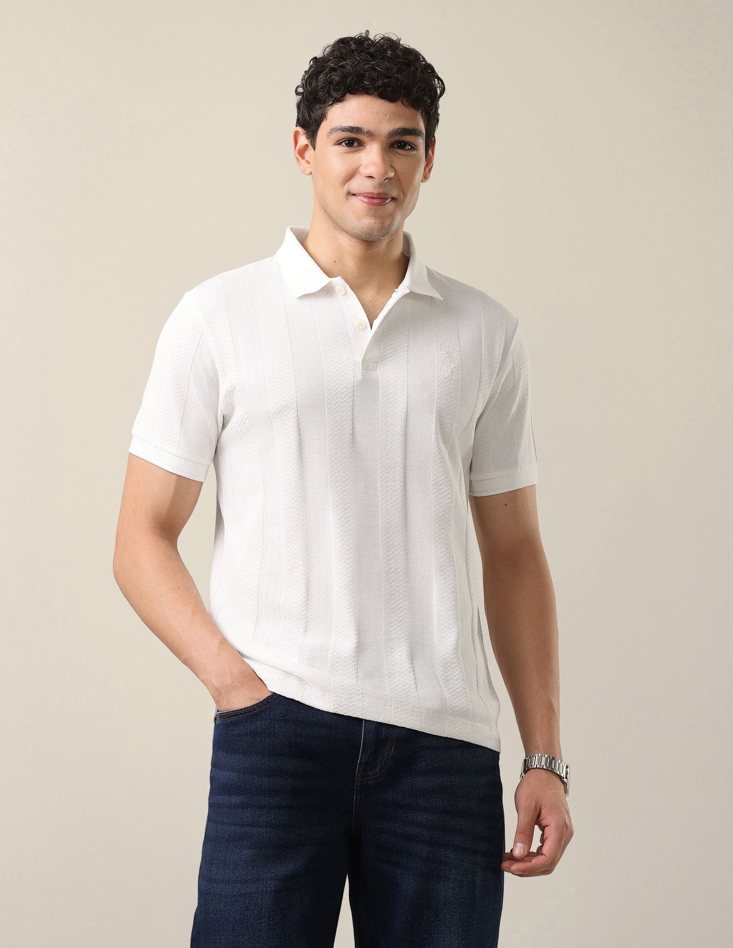Self Design Vertical Striped Slim Fit Polo Shirt Ivory - U.S. Polo Assn. India | Large
