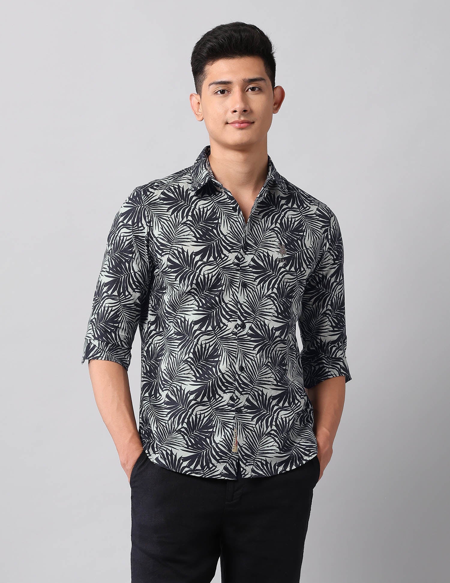 Tropical Printed Poplin Shirt Dark Grey - U.S. Polo Assn. India | Large