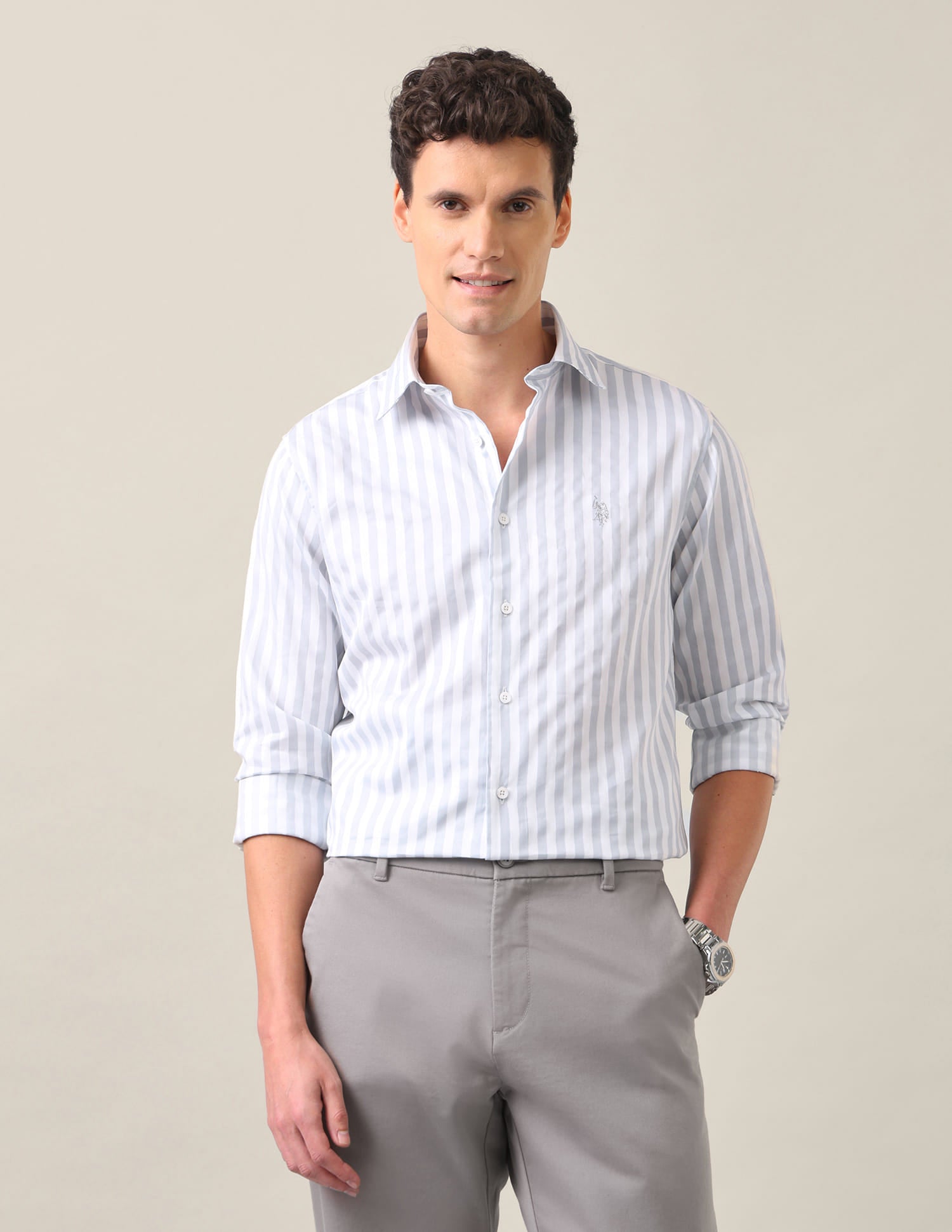 Vertical Striped Tailored Fit Shirt Grey - U.S. Polo Assn. India | Large