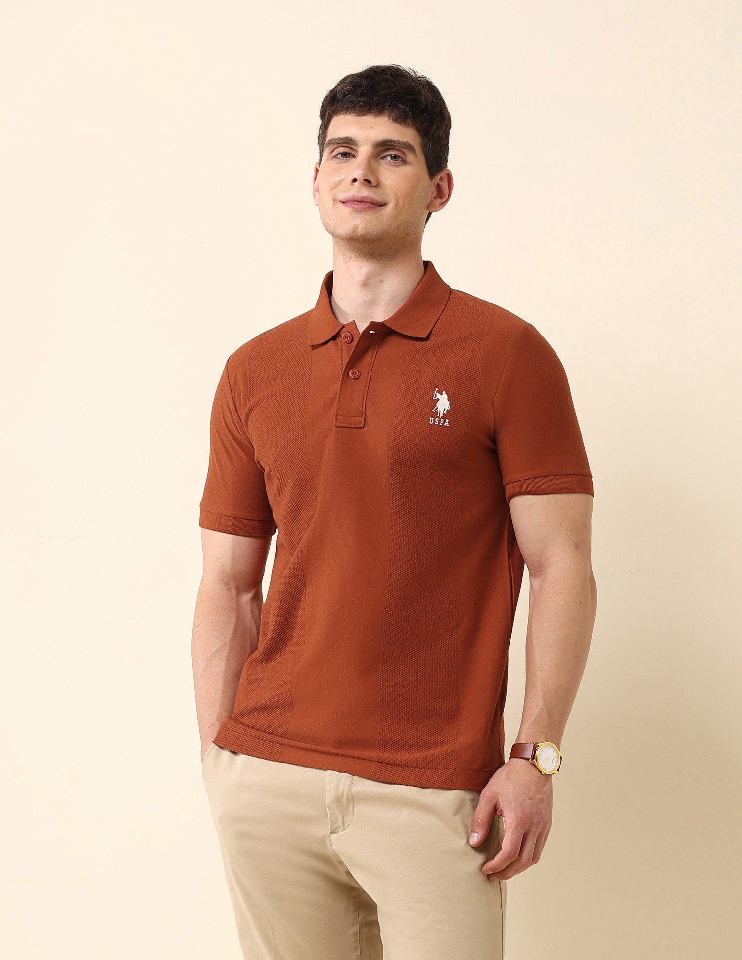 Textured Slim Fit Classic Polo Shirt Rust - U.S. Polo Assn. India | Large