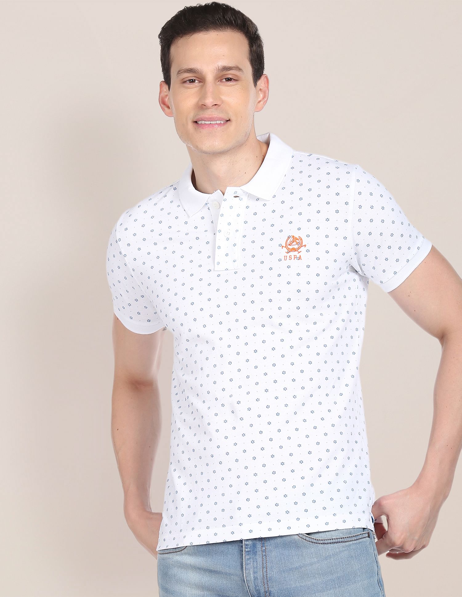 Men White Floral Print Cotton Pique Polo Shirt White - U.S. POLO ASSN. | Large