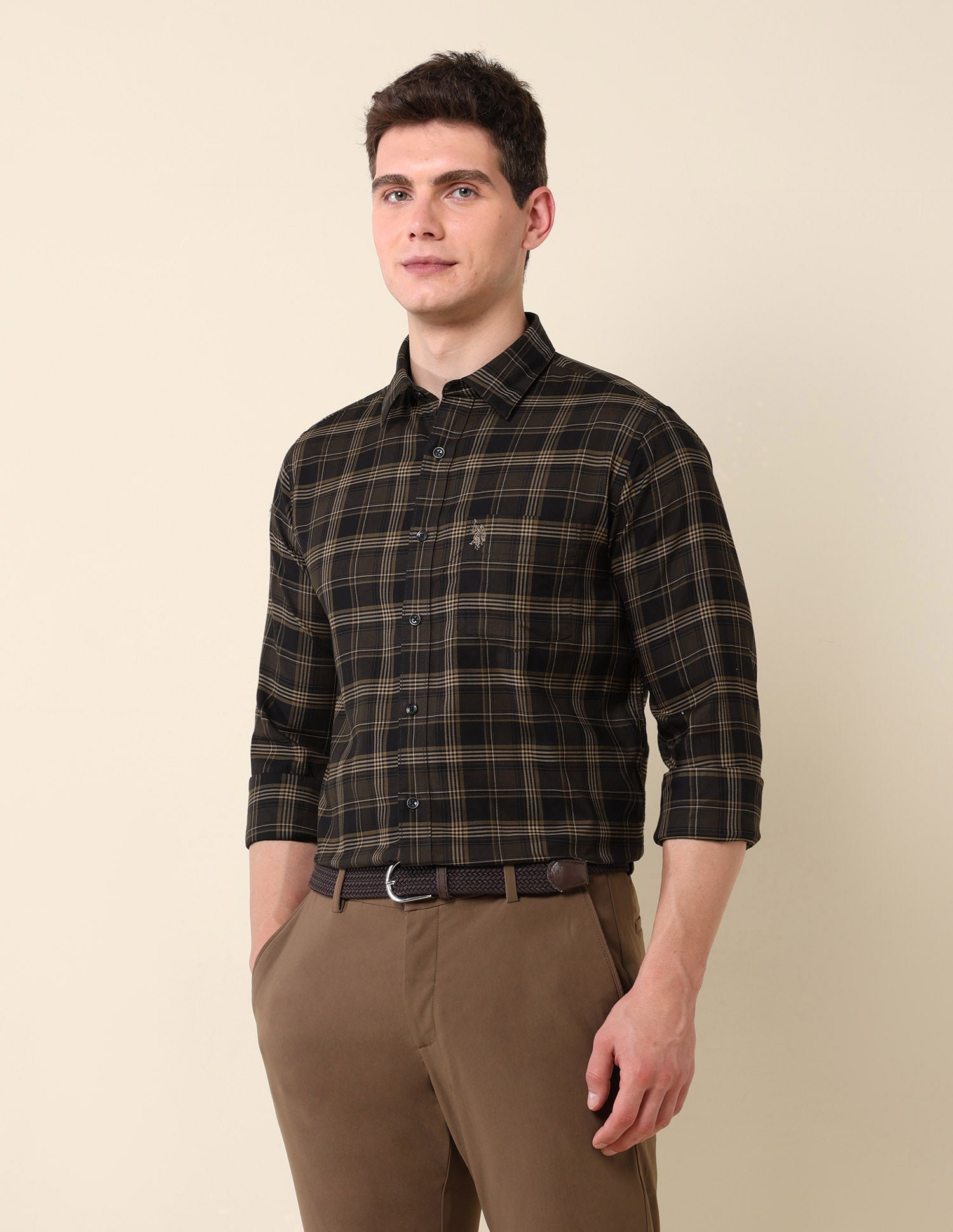 Grid Tattersall Checked Pure Cotton Shirt Brown - U.S. Polo Assn. India | Large