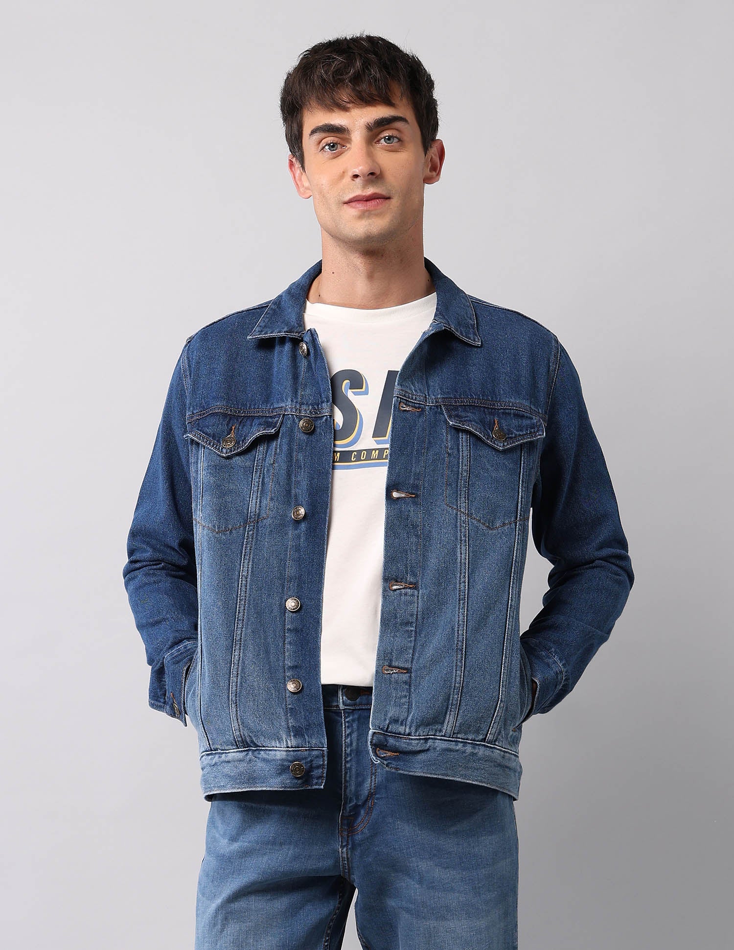 Pure Cotton Regular Fit Denim Jacket Mid Wash - U.S. Polo Assn. India | Large