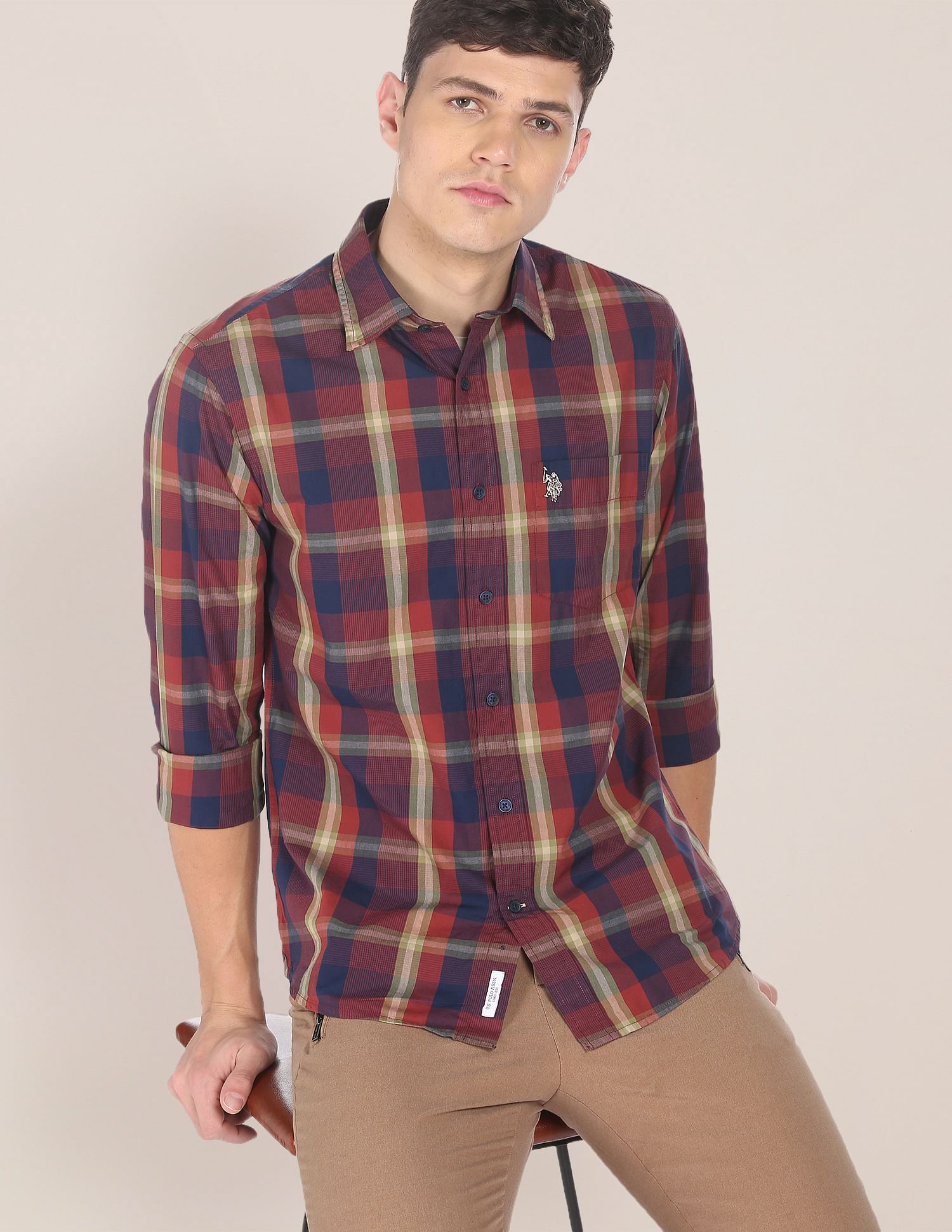 Men Maroon Spread Collar Check Casual Shirt Maroon - U.S. POLO ASSN. | Large