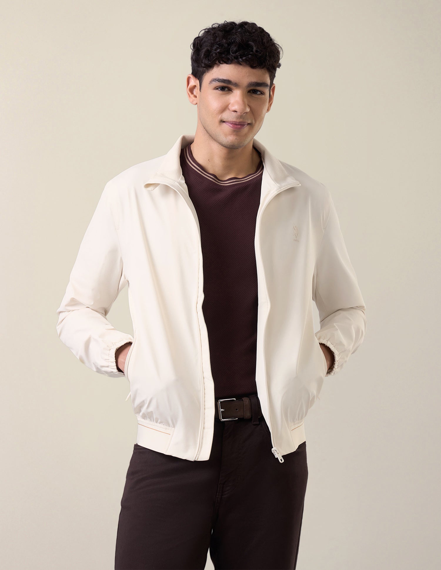 Solid Regular Fit Bomber Jacket Ecru - U.S. Polo Assn. India | Large