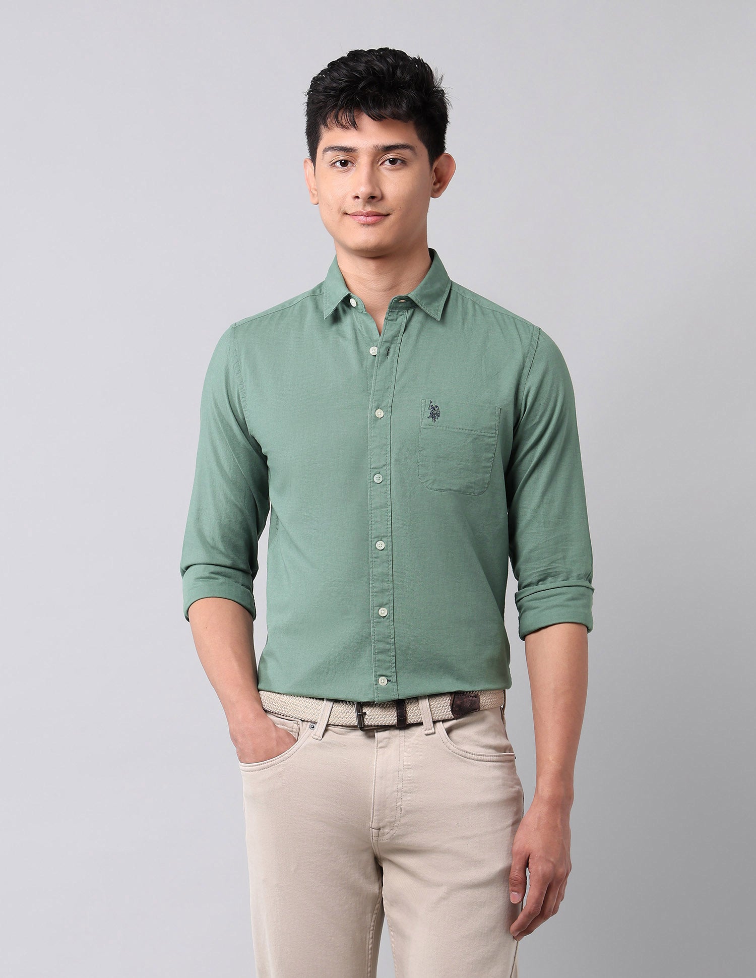 Solid Pure Cotton Shirt Light Green - U.S. Polo Assn. India | Large