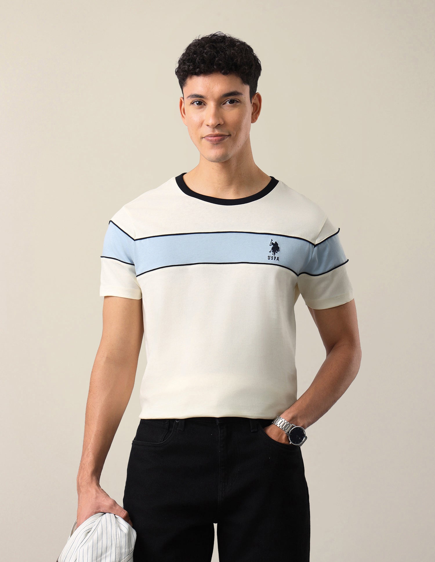 Solid Regular Fit T-Shirt Off White - U.S. Polo Assn. India | Large