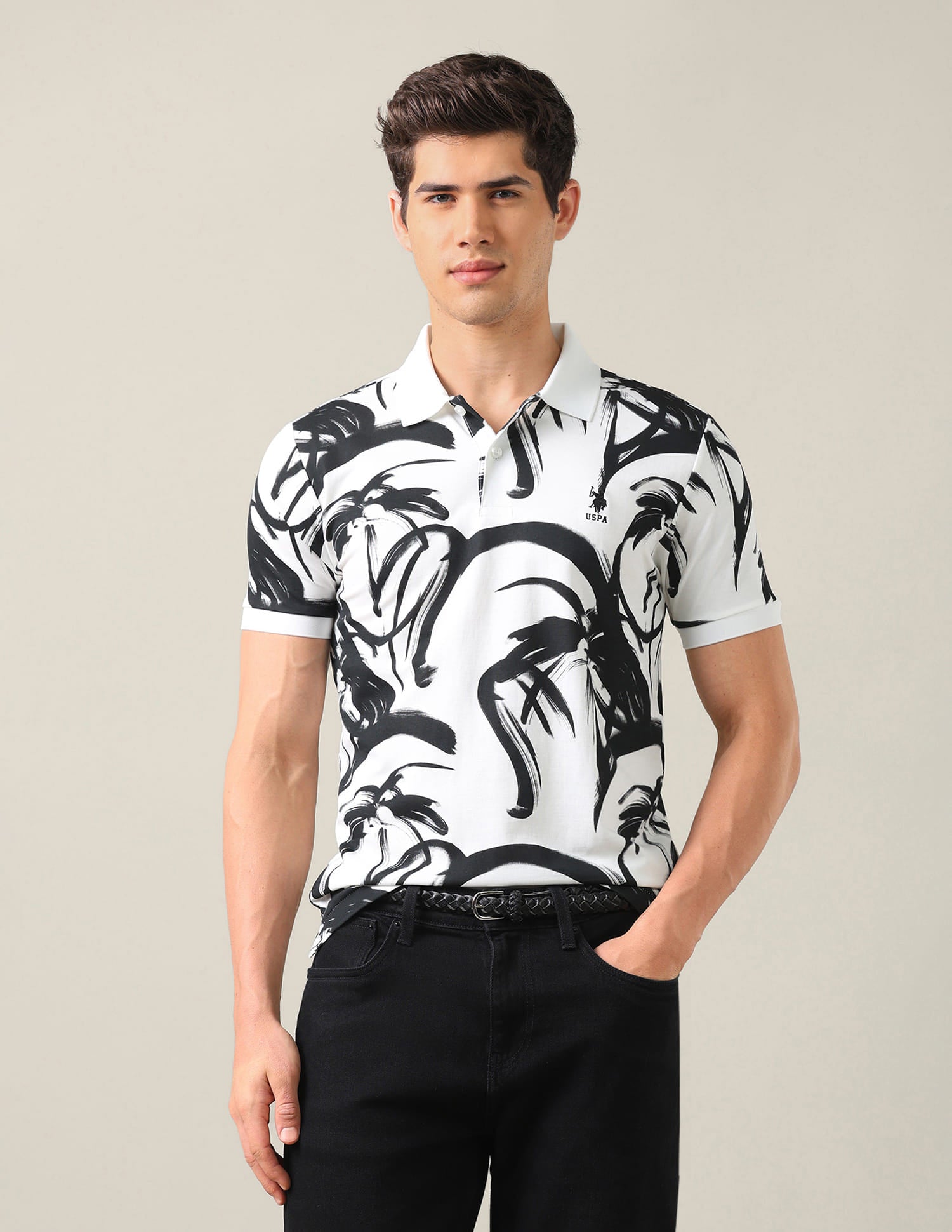 Abstract Printed Slim Fit Polo Shirt Black - U.S. Polo Assn. India | Large
