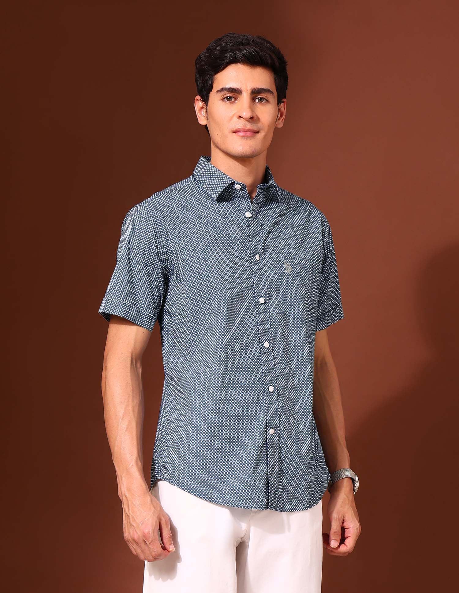 Geometric Printed Tailored Fit Shirt Blue - U.S. Polo Assn. India | Large