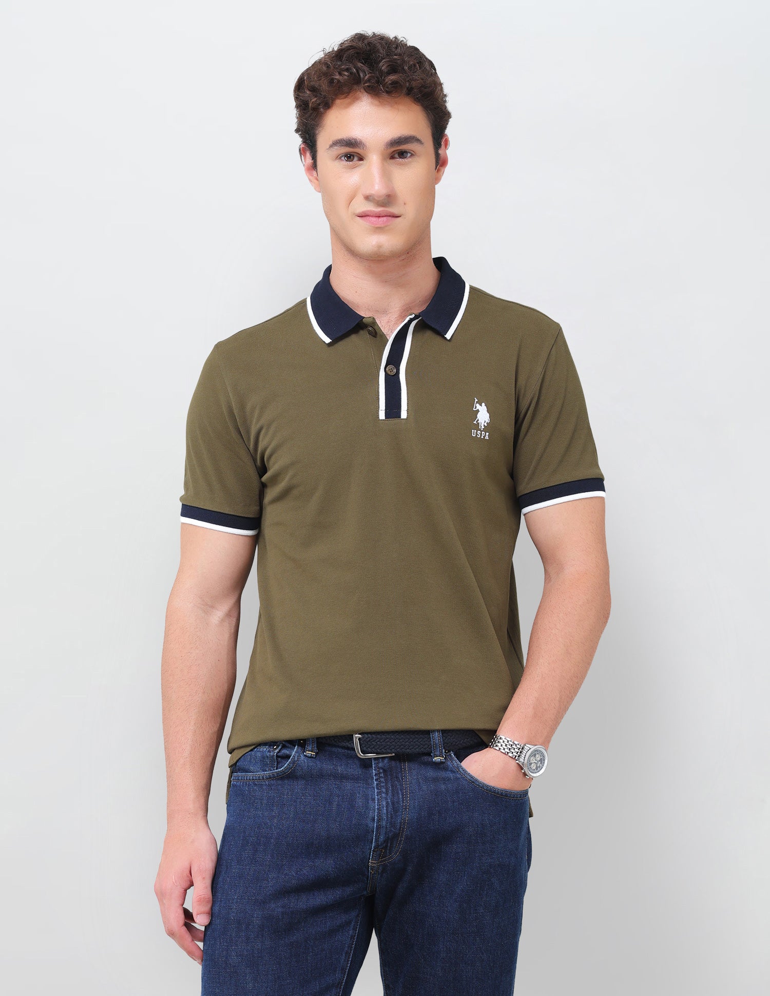 Solid Slim Fit Polo Shirt Olive - U.S. Polo Assn. India | Large