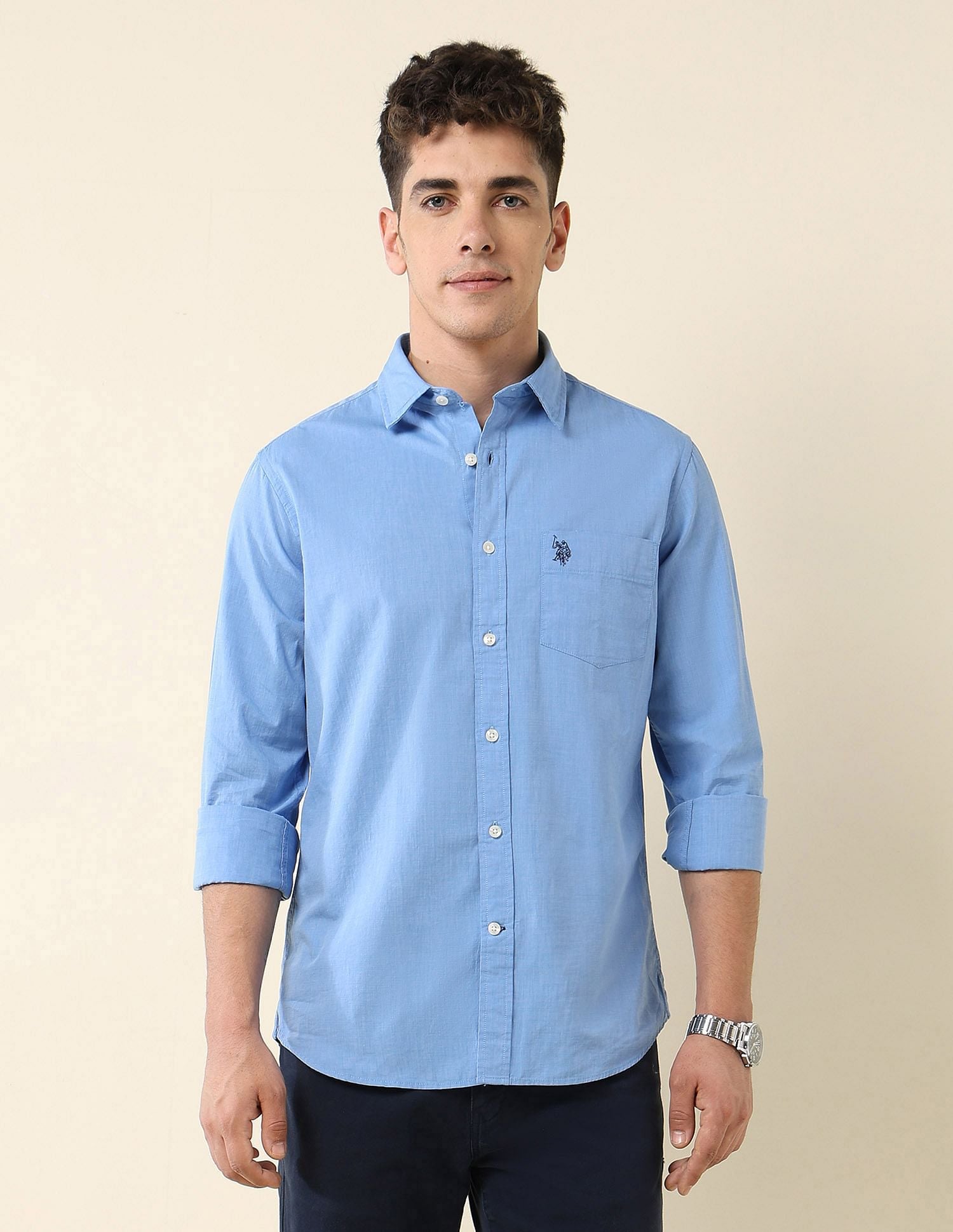 Tailored Fit Fil-à-Fil Shirt Blue - U.S. Polo Assn. India | Large