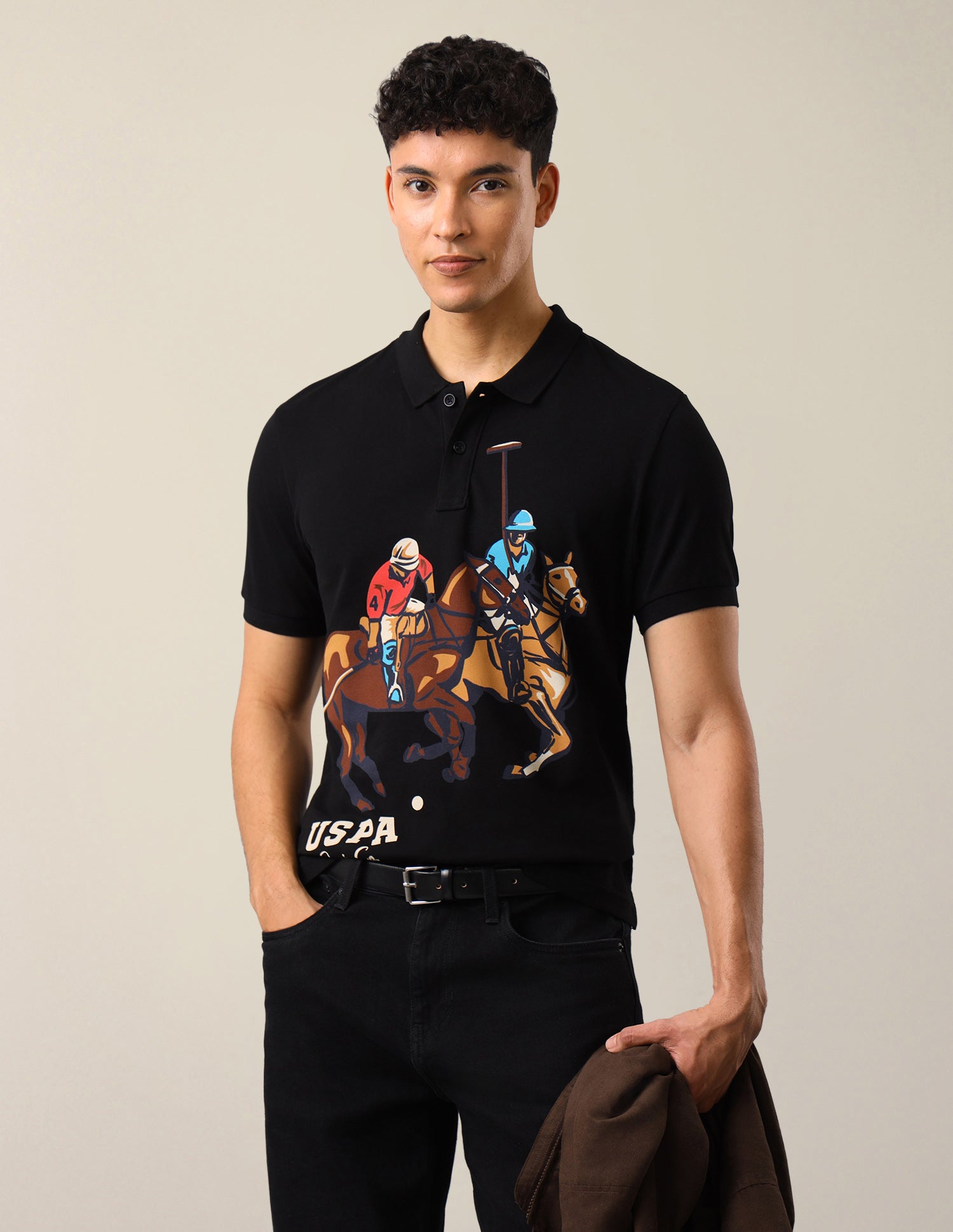 Graphic Brand Printed Slim Fit Polo Shirt Black - U.S. Polo Assn. India | Large