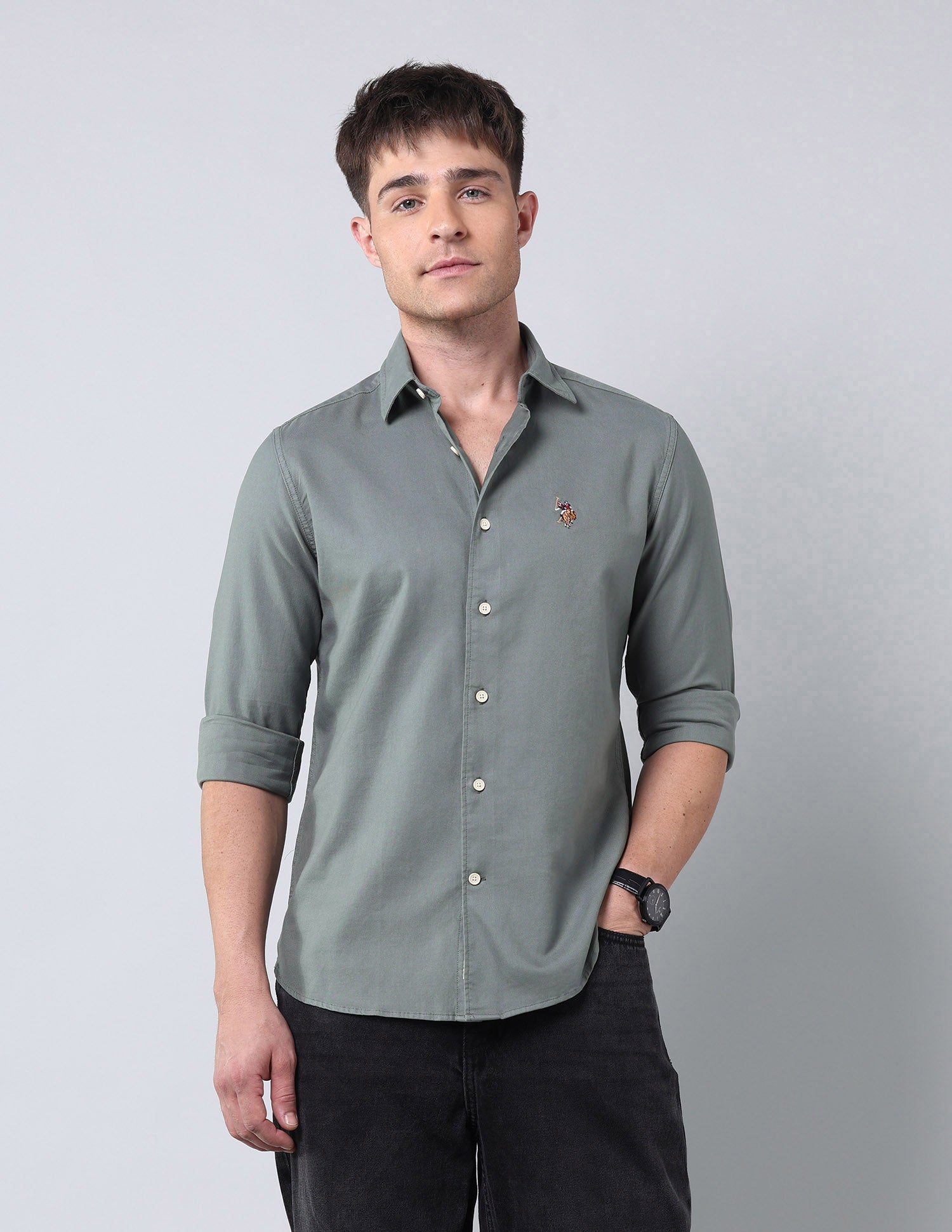 Solid Pure Cotton Twill Shirt Teal - U.S. Polo Assn. India | Large