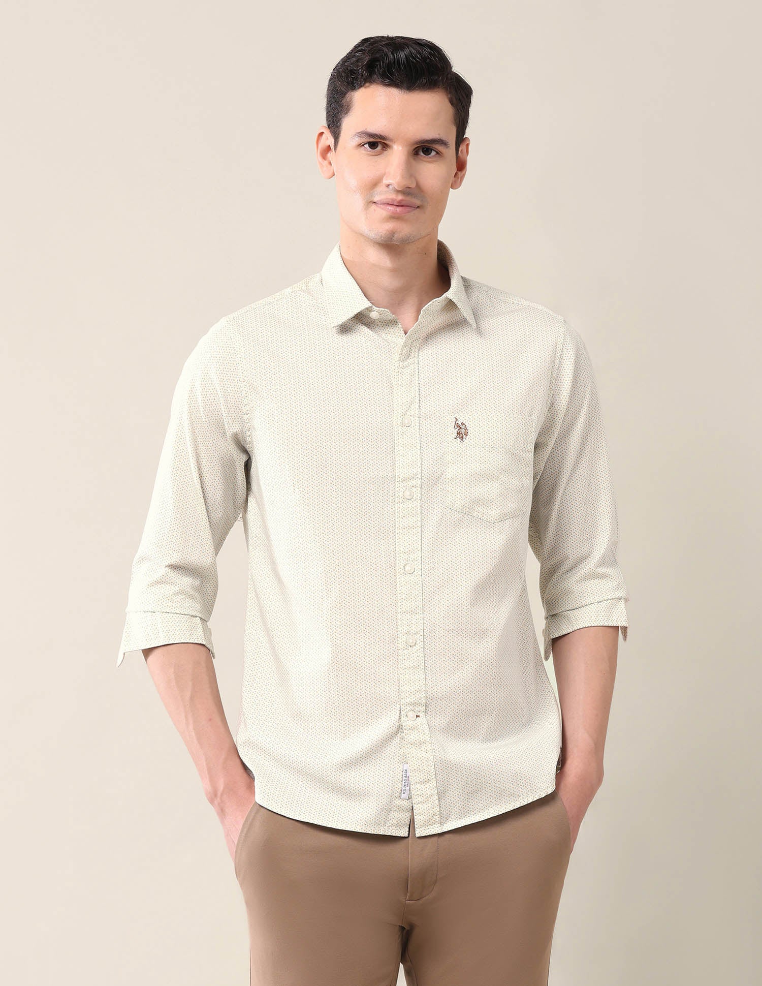 All-Over Printed Tailored Fit Shirt Cream - U.S. Polo Assn. India | Large