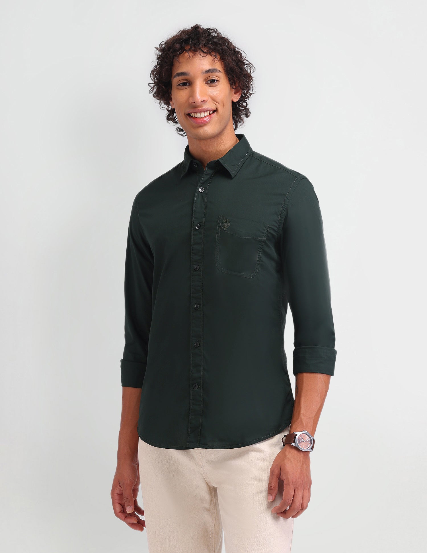 Solid Pattern Twill Shirt Dark Green - U.S. Polo Assn. India | Large