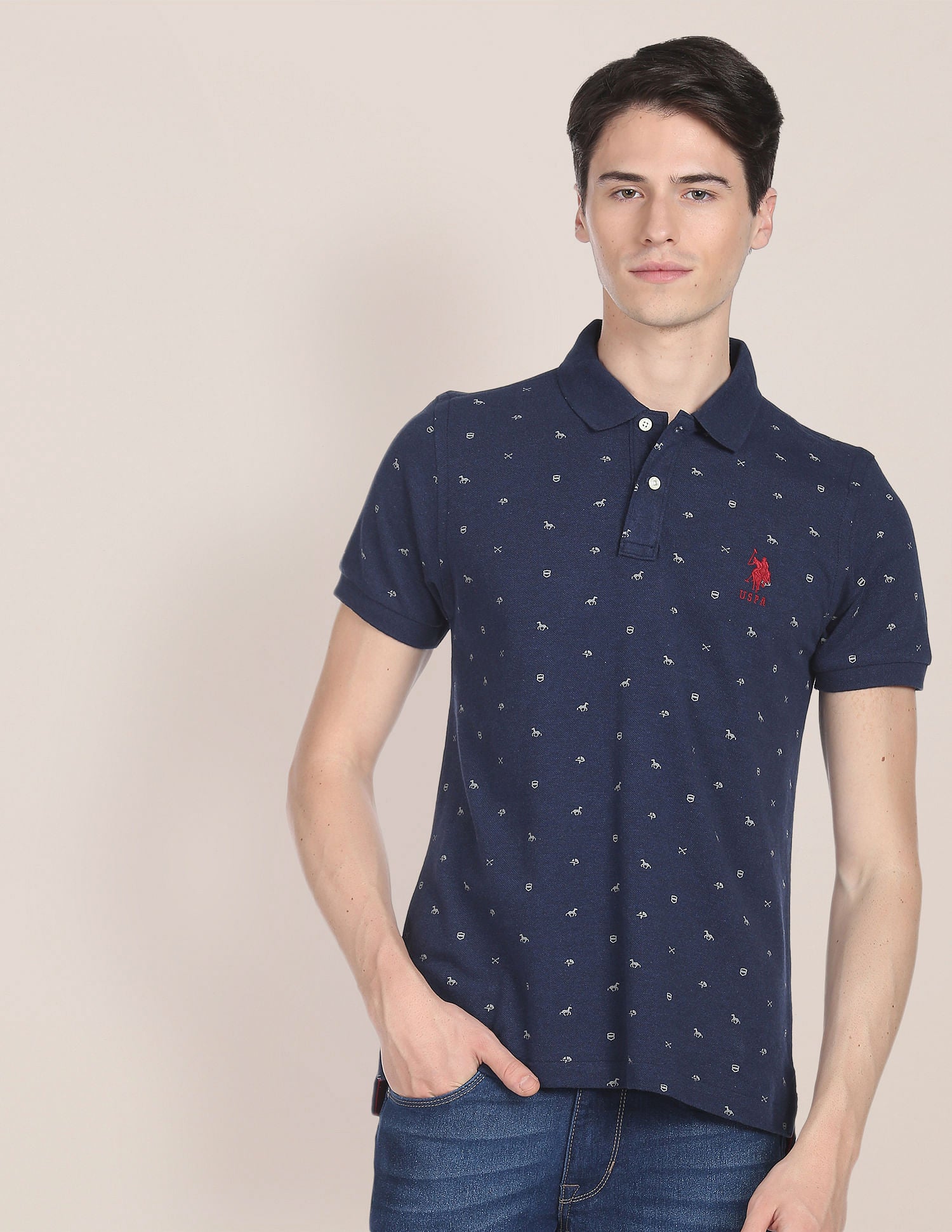All Over Graphic Print Cotton Polo Shirt Navy - U.S. Polo Assn. India | Large