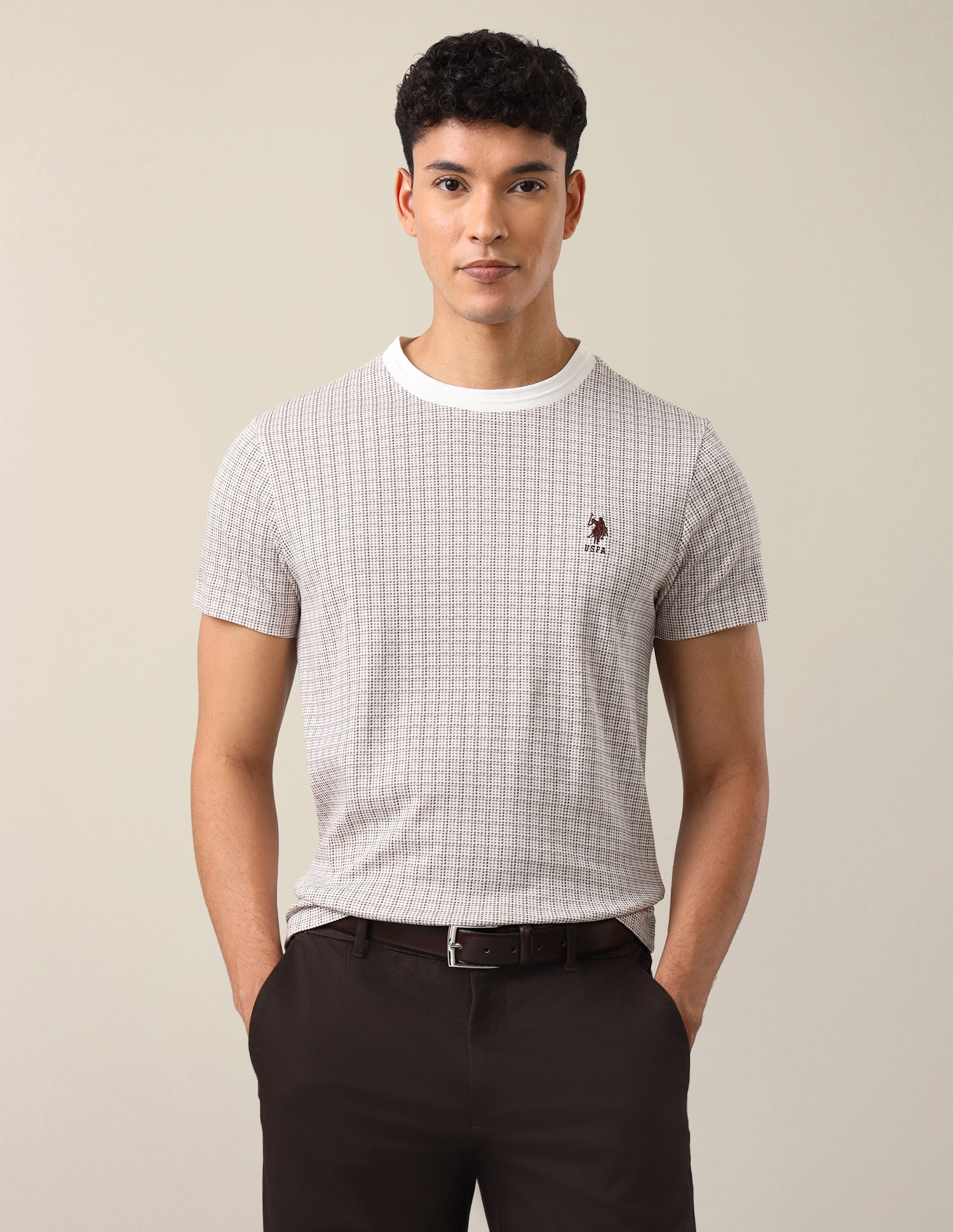 Houndstooth Slim Fit T-Shirt Off White - U.S. Polo Assn. India | Large