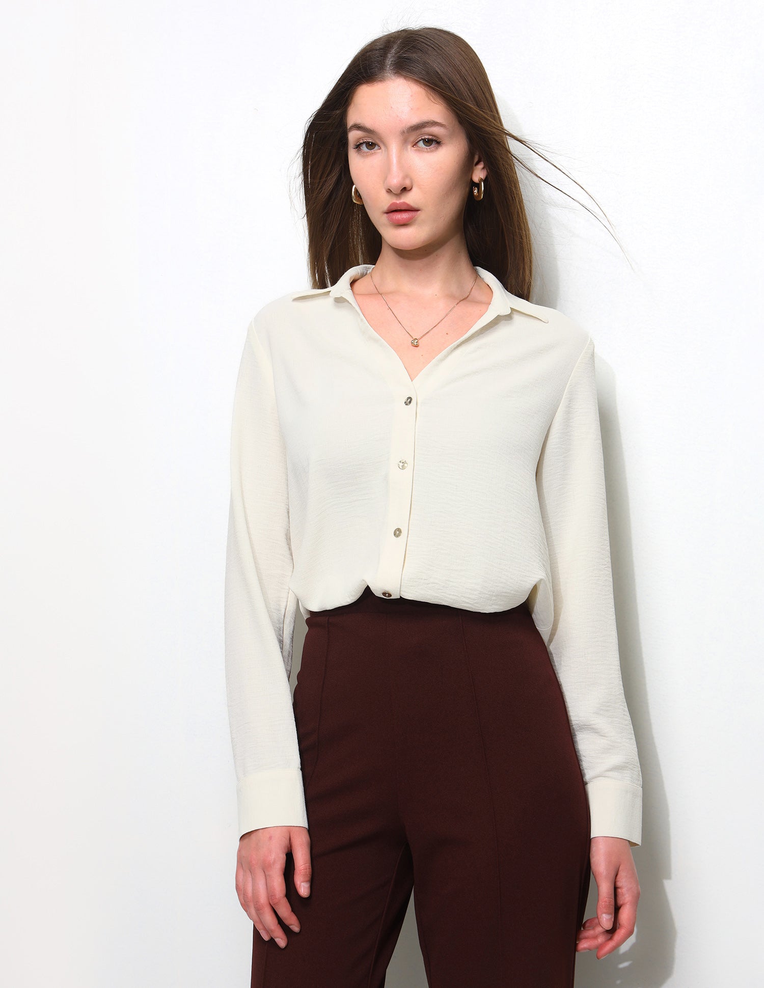 Solid V Neck Collar Shirt