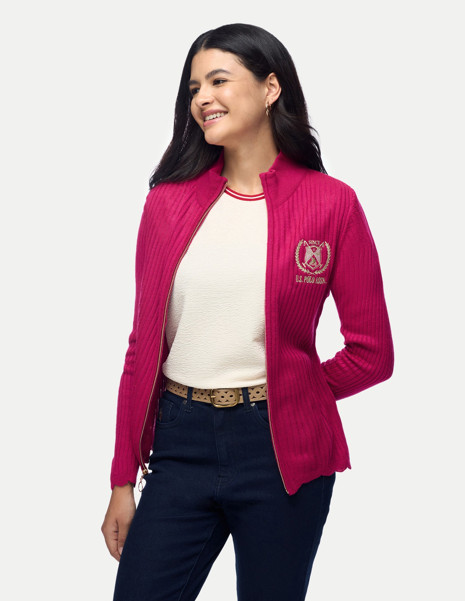 Patterned Knit Slim Fit Zipper Sweater Pink - U.S. Polo Assn. India | Large
