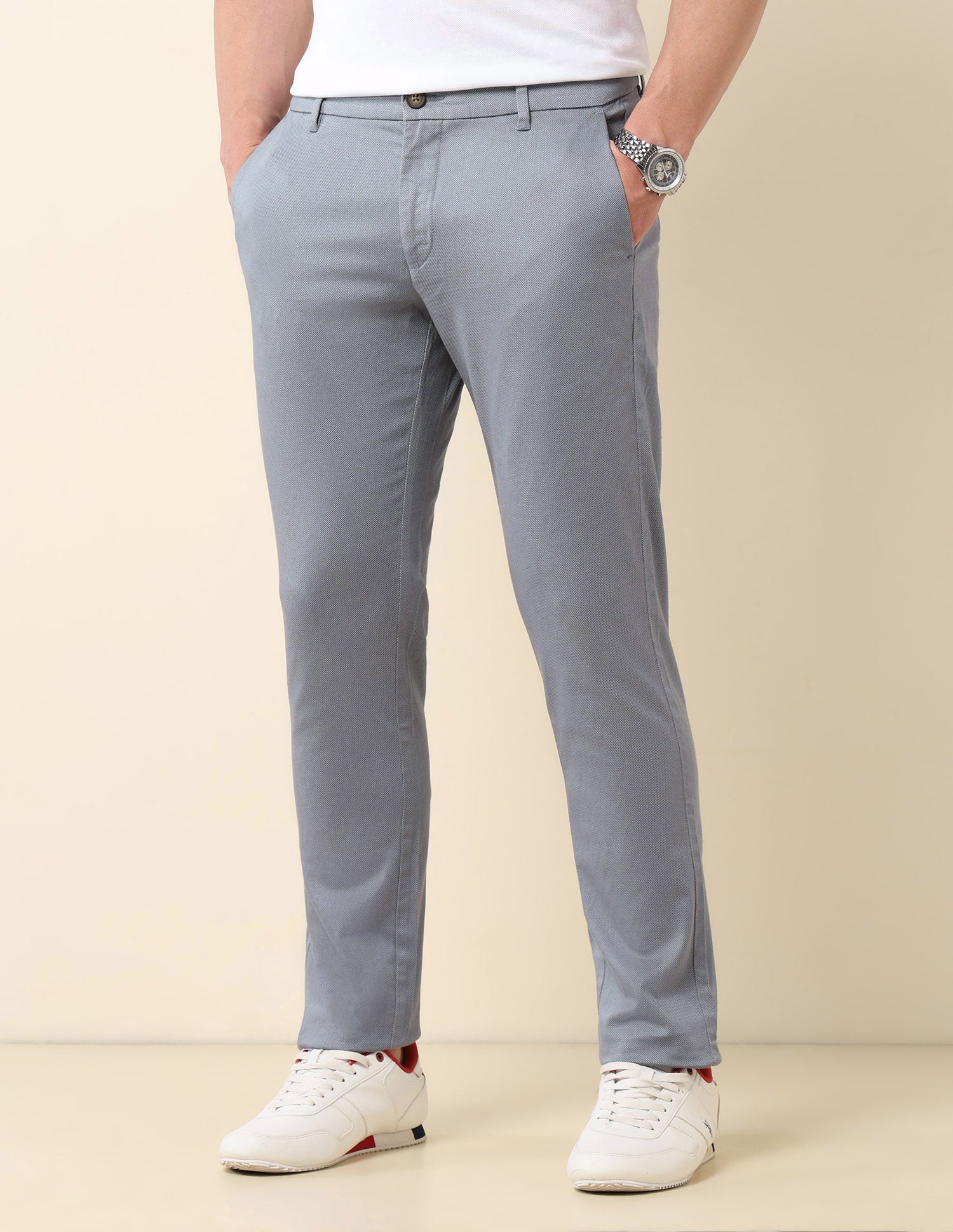 Textured Slim Fit Trousers Grey - U.S. Polo Assn. India | Large