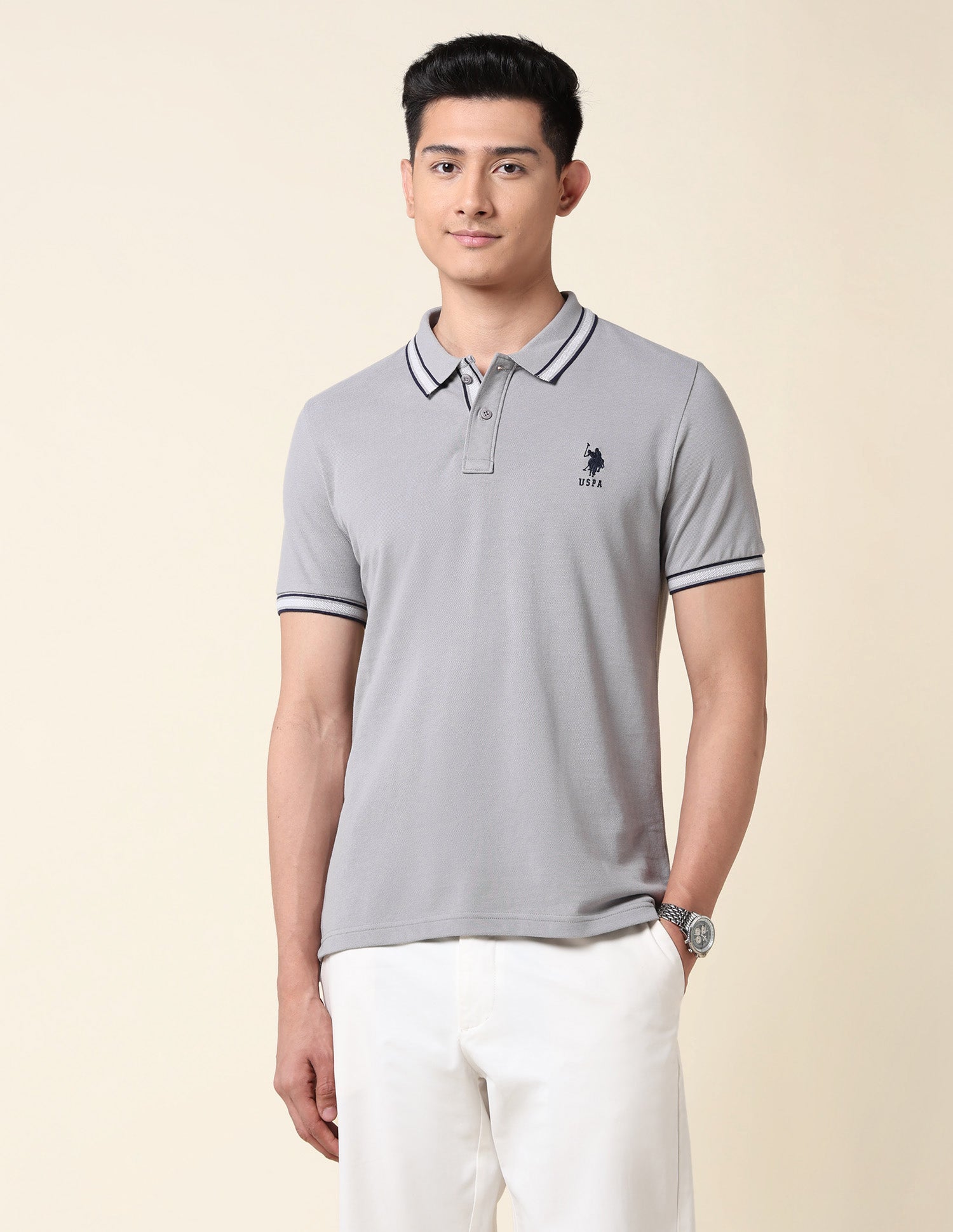 Slim Fit Pure Cotton Polo Shirt Light Grey - U.S. Polo Assn. India | Large