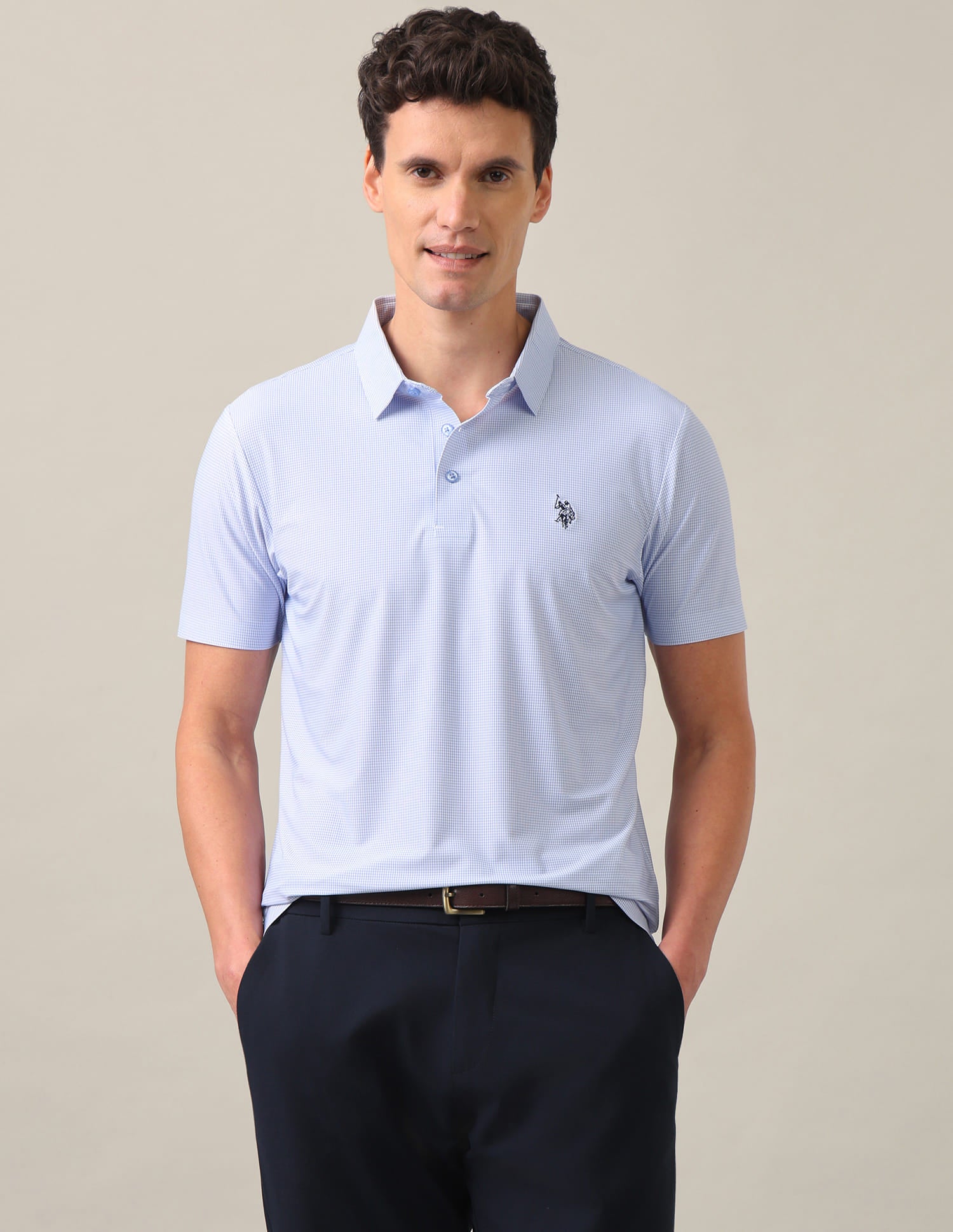 Houndstooth Checked Slim Fit Polo Shirt Light Blue - U.S. Polo Assn. India | Large