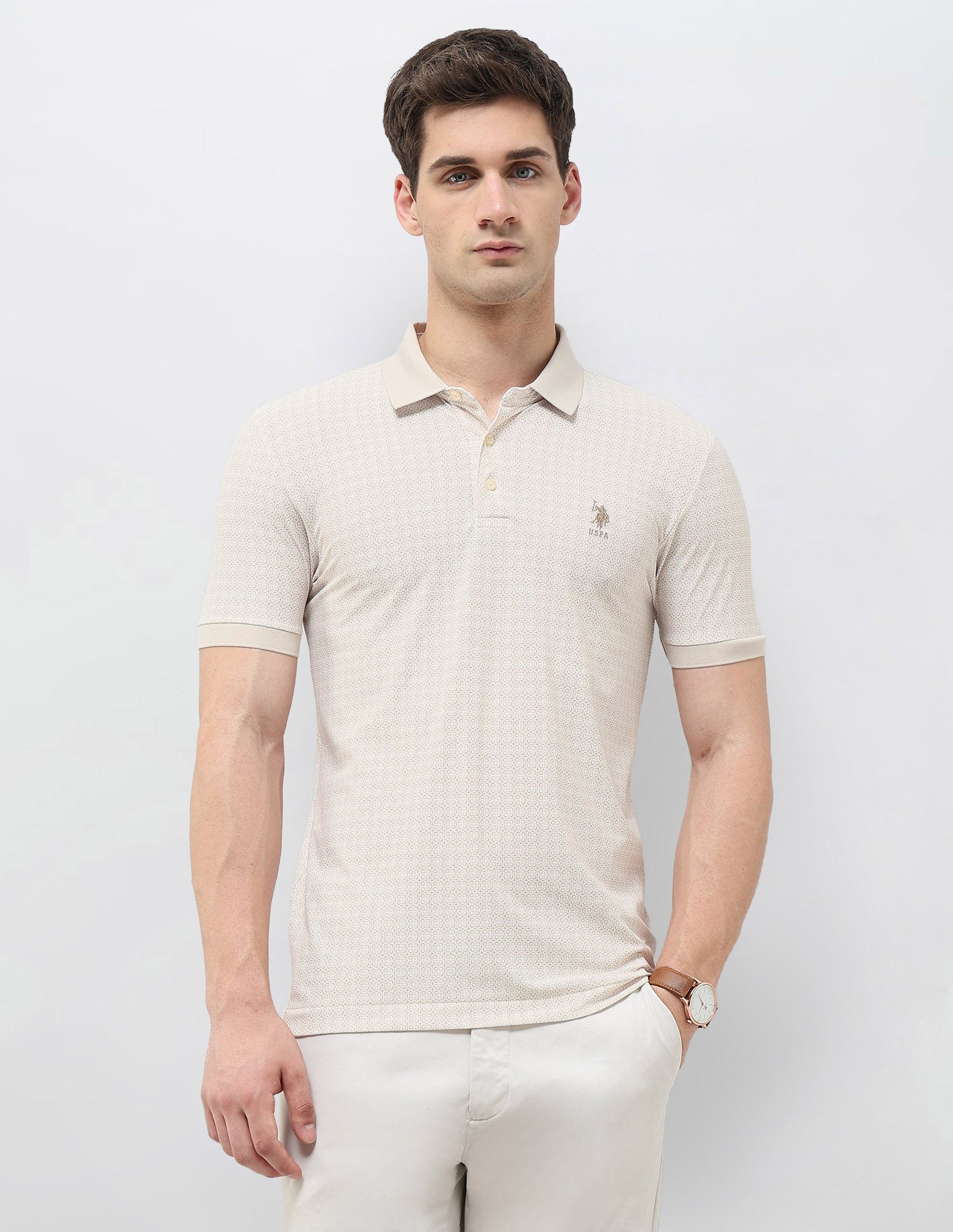 All-Over Printed Slim Fit Polo Shirt Beige - U.S. Polo Assn. India | Large