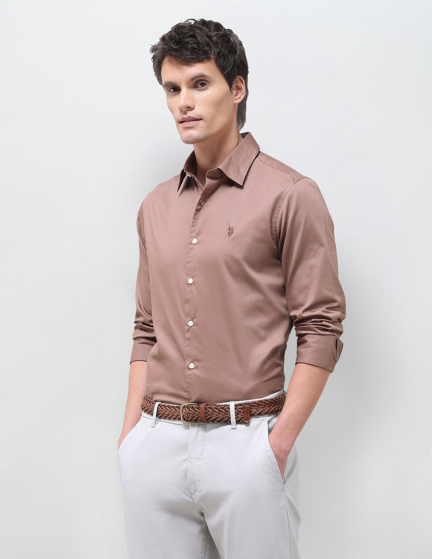 Satin Solid Shirt Light Brown - U.S. Polo Assn. India | Large