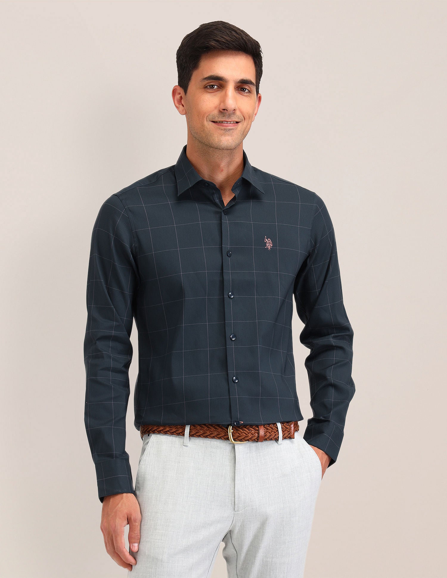 Gingham Checked Tailored Fit Shirt Navy - U.S. Polo Assn. India | Large
