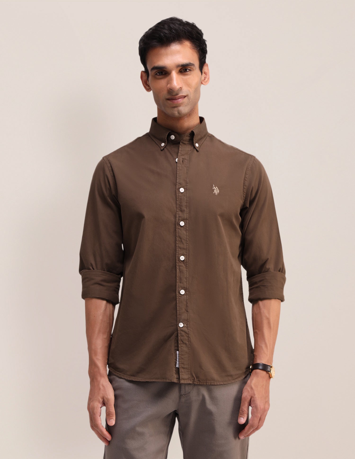 Solid Pattern Twill Shirt Brown - U.S. Polo Assn. India | Large